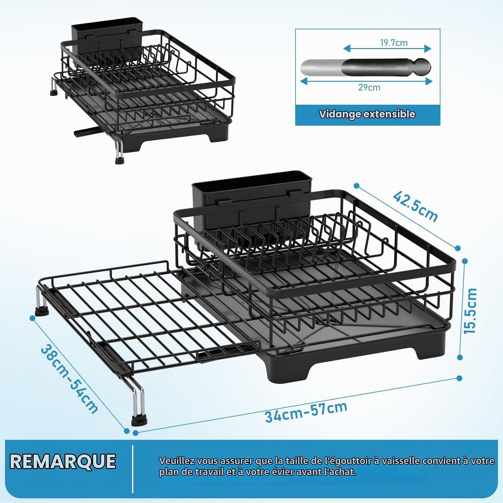 Expandable Dish Drying Rack with Utensil Holder and Drip Tray, Kitchen Counter Drying Rack with Swivel Drainage Spout, Drainer on Sink, Black