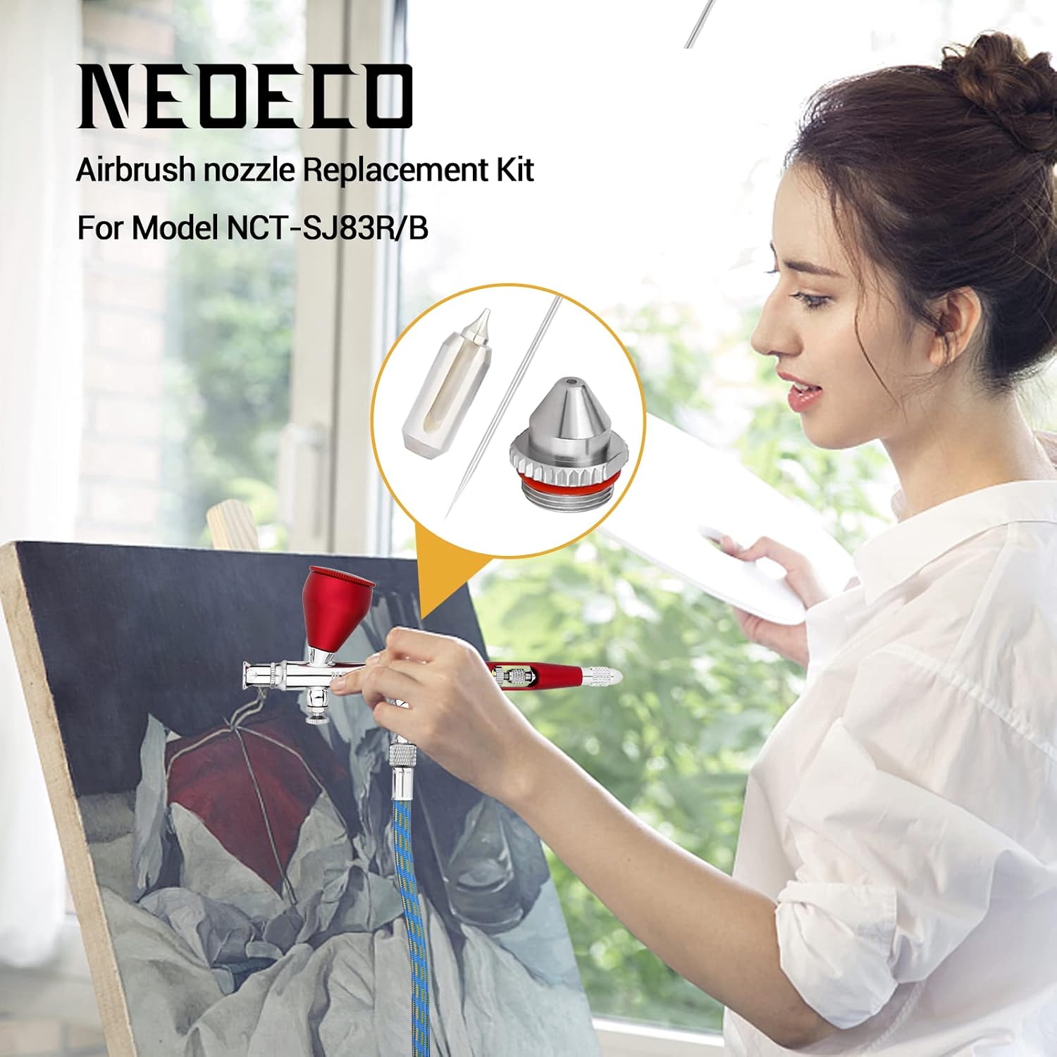 NEOECO SJ83 Dual Action Airbrush Kit Bundle with 0.2 0.3 0.5mm Nozzle Needle Replacing Set