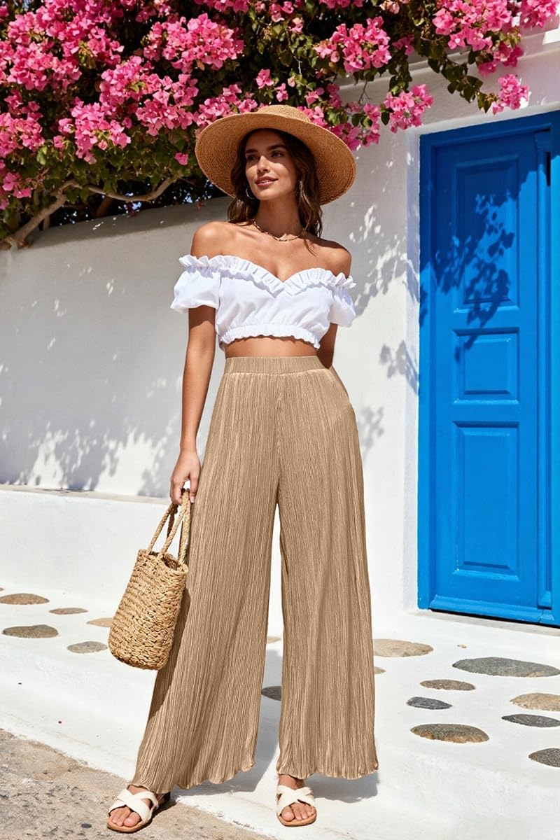 Satin Silk Pants for Women Casual Flowy Palazzo Wide Leg Pleated