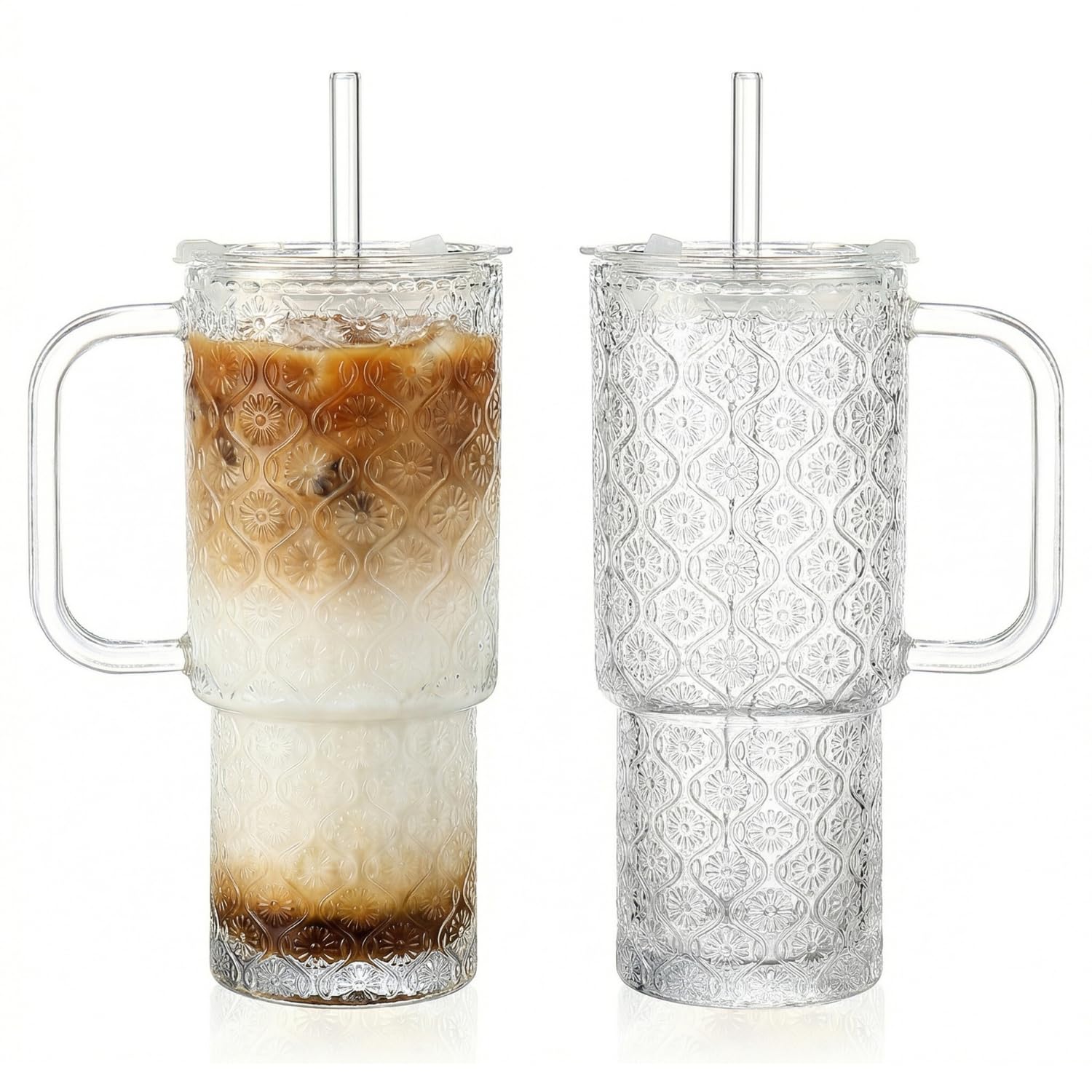 Hestremo 20 oz Glass Tumbler with Lid and Straw, Glass Iced Coffee Cups, Spill-Proof Glasses Tumbler with Handle, Hobnail Glasses Drinking Set of 2, Vintage Glassware for Cocktail, Juice, Smoothies