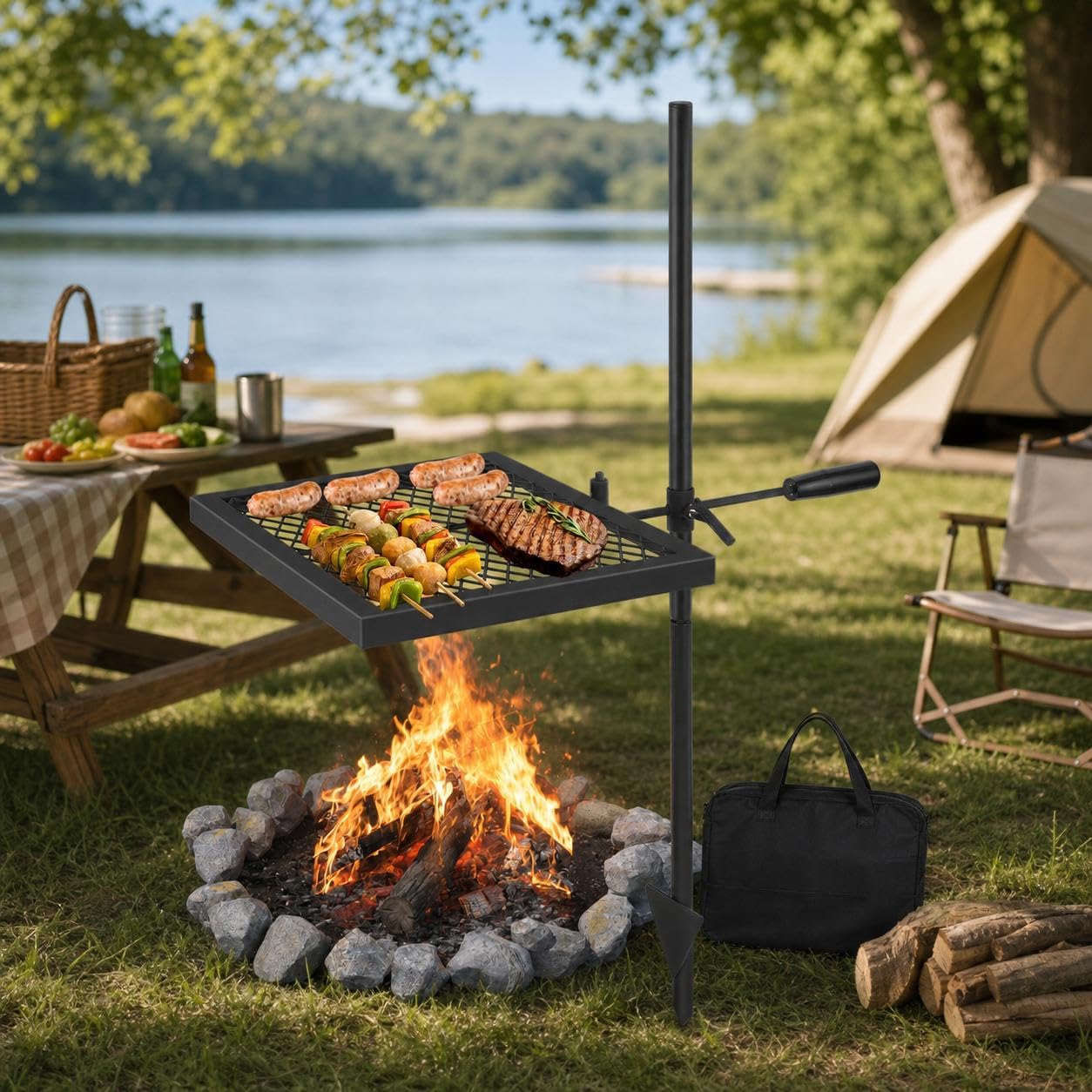 Swivel Campfire Grill, Heavy‑Duty Steel Grate with High‑Density Mesh & Carry Bag, over‑Fire Camp Grill with Adjustable Height, Detachable Portable Design, for Campfires, Camping, Backyard BBQ