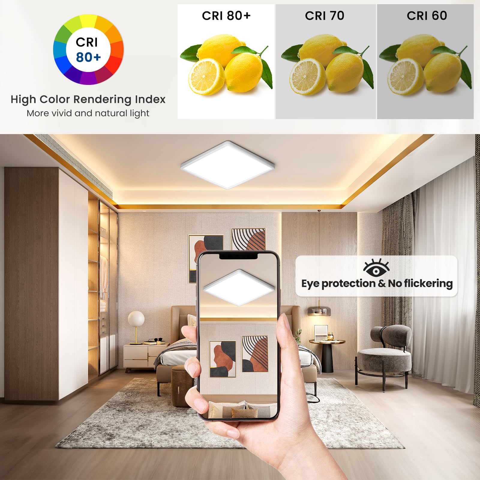 Plafonnier LED Carré 24W, Lampe de Plafond avec Telecommande, Veilleuse Dimmable 1800K, Panneau 3000K-6500K, Luminaire Plafonnier Ultra Fin Adapté Aux Chambres Chambres d'enfants SalonsØ30CM