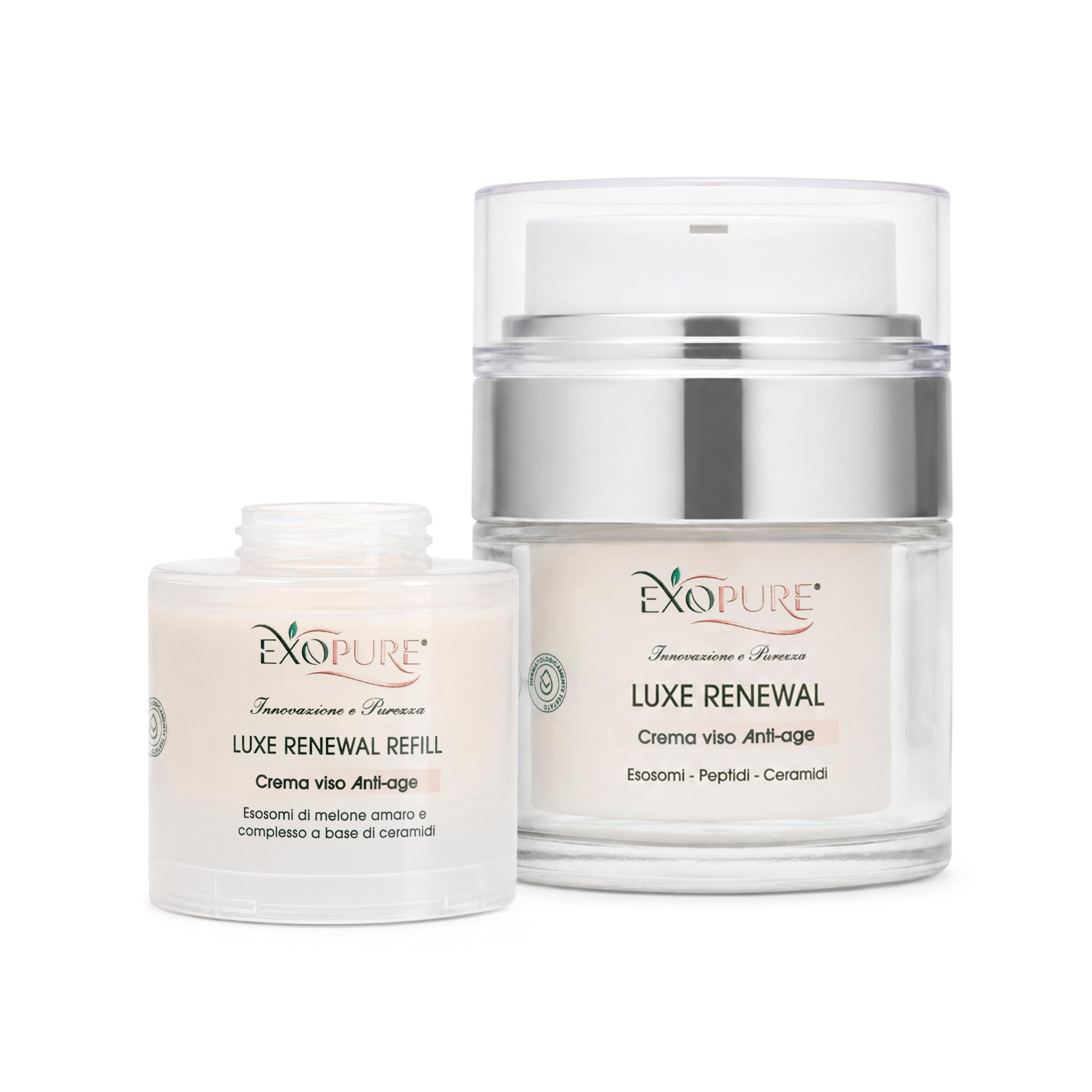 Kit 100ml Crema Viso Antirughe Luxe Renewall (50ml + Refill 50ml) | Con Esosomi di Melone Amaro, Peptidi e Ceramidi | Crema Idratante Viso Uomo Donna | 100% Made in Italy
