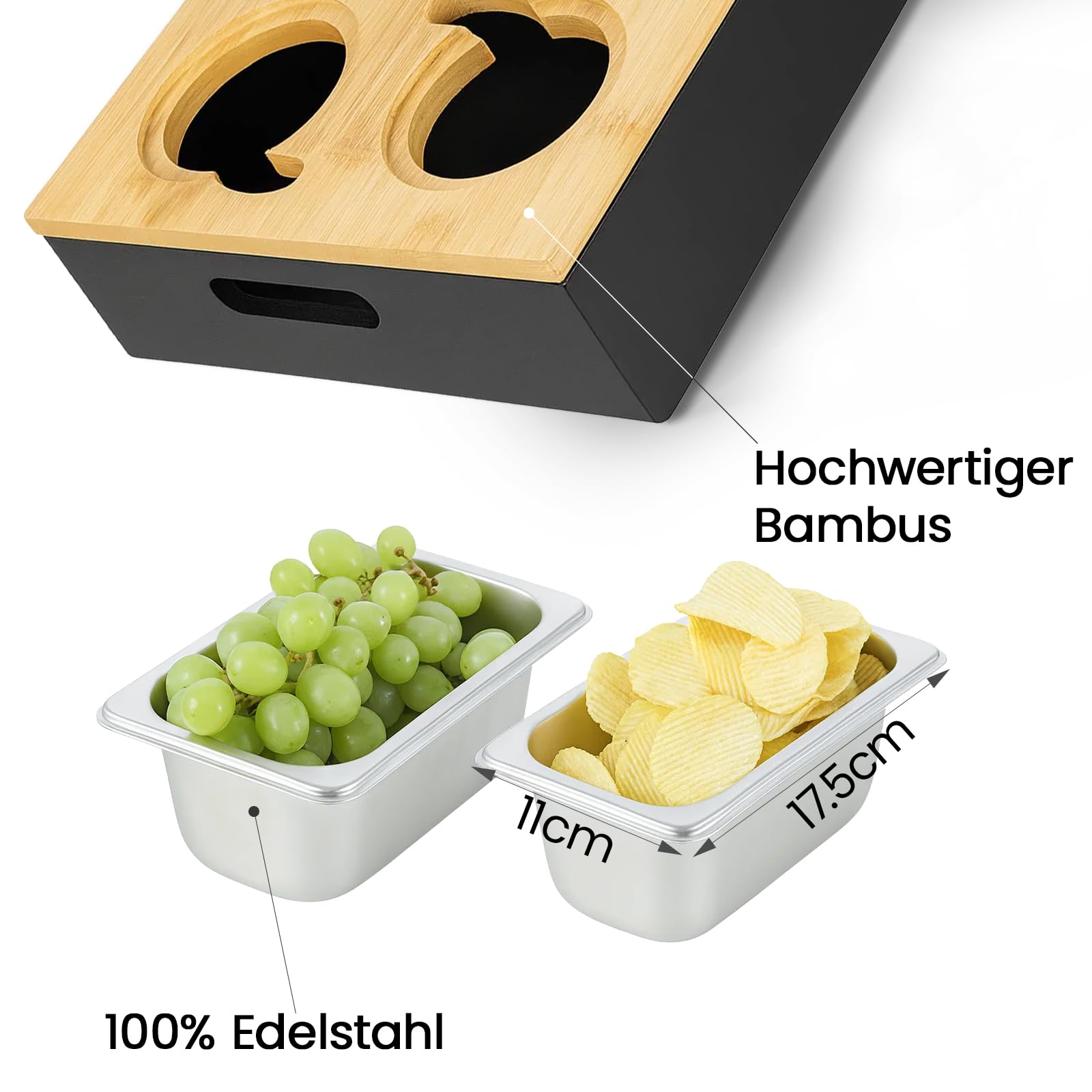 Couchbar Snackbox mit 2 Edelstahlschalen – 5-in-1 Snackbar fürs Sofa aus 100% lackiertem Bambus, wasserfest mit Magnetdeckel & integrierten Getränkehaltern (Schwarz)