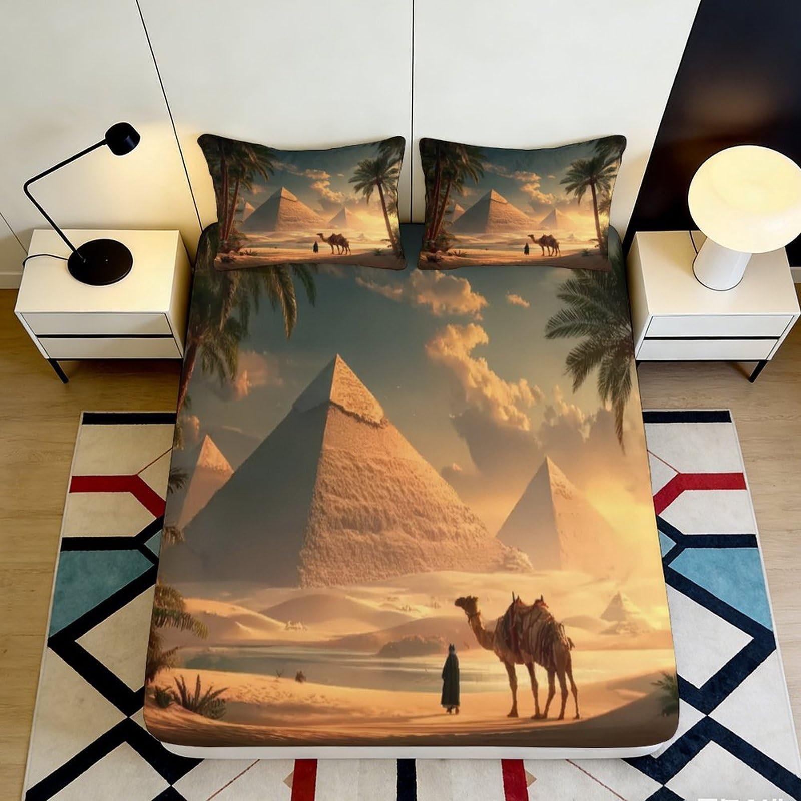 Pnayamiorkfel Style-8 3D Printed Pyramid Desert Fitted Sheet Microfiber Soft Bed Cover, Camel Oasis Art Mattress Cover For Bedroom Decor 90X200x25cm