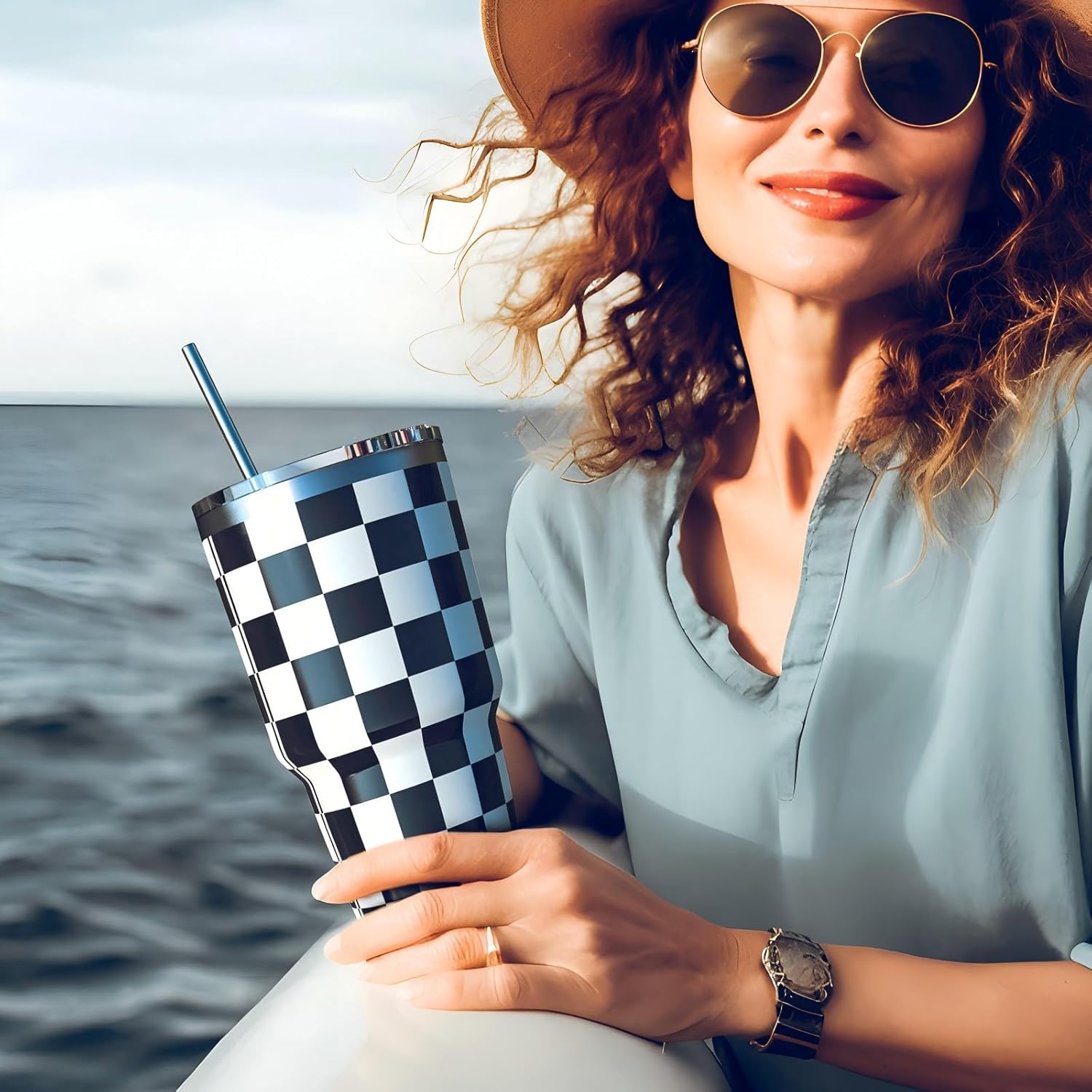 30 oz Tumbler with Lid and Straw | Double Wall Vacuum Insulated Stainless Steel Water Tumbler | Leak Proof Travel Coffee Mug Perfect for Cold Hot Drink | 30OZ Black White Checkered Tumbler - Image 7