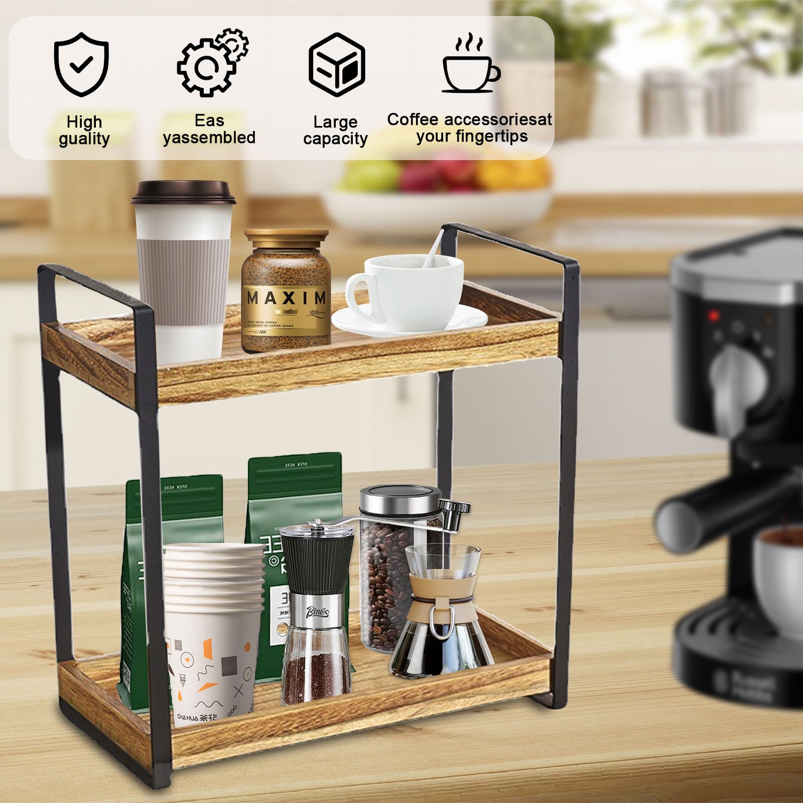 Gzsekken 2 Tier Coffee Bar Accessories Organiser, Wooden Kitchen Counter Shelf, Standing Coffee Station and Organiser - Image 3