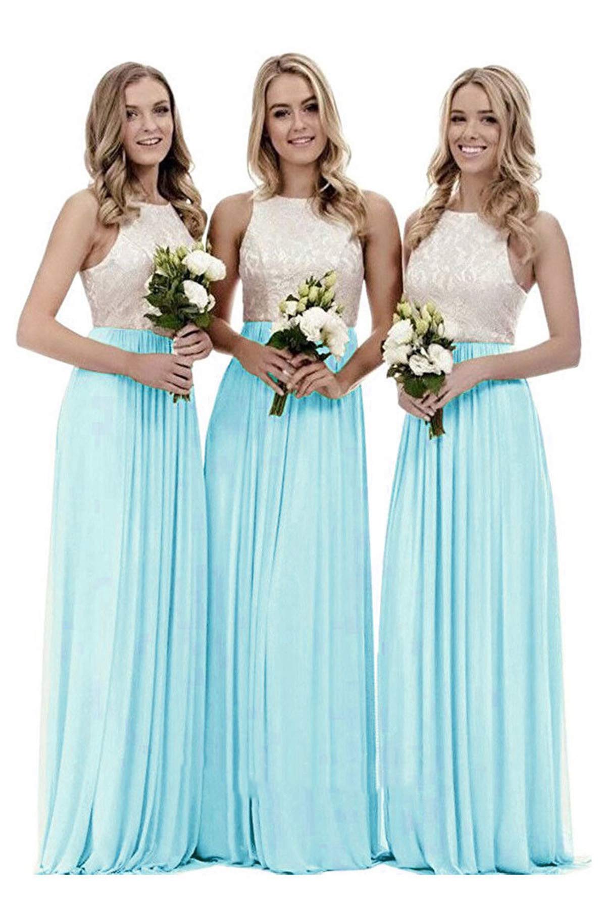 WTW Women's Long Chiffon Lace Party Ball Prom Bridesmaid Dress-Light Blue-24