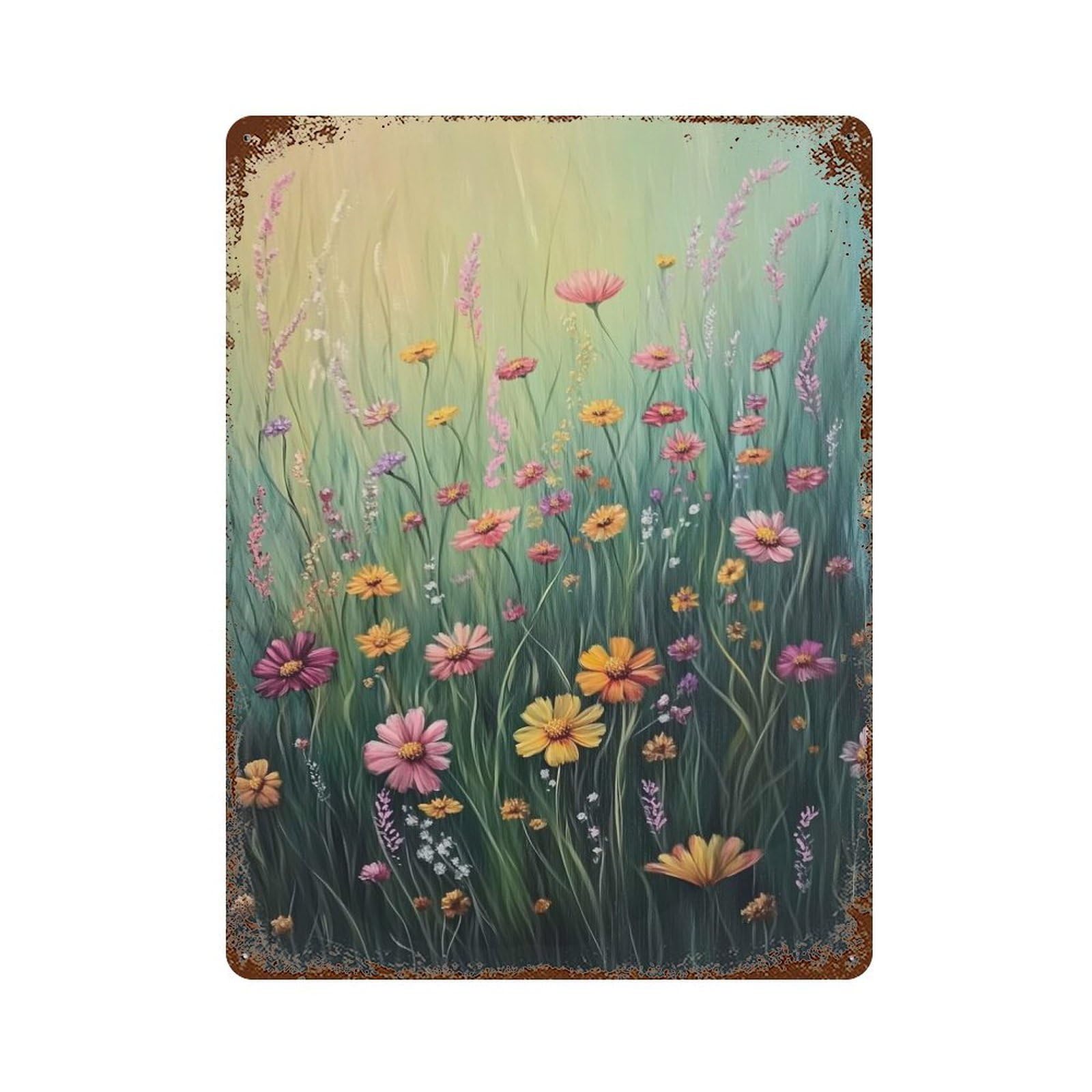 Wildflower Filed Rust Effect Tin Sign 15.7"x11.8", Ideal for Shed, Workshop And Garage Wall Decor
