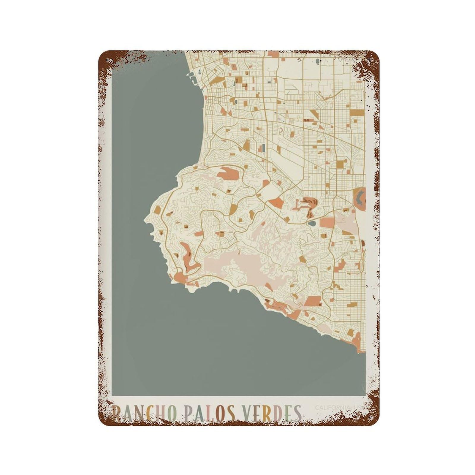 xiaoxiaoshen Rancho Palos Verdes Map California Boho Wall Decor Art Metal Tin Poster Modern Home Decor Art Home Bar Shop Decorations Vintage Sign 40x30cm