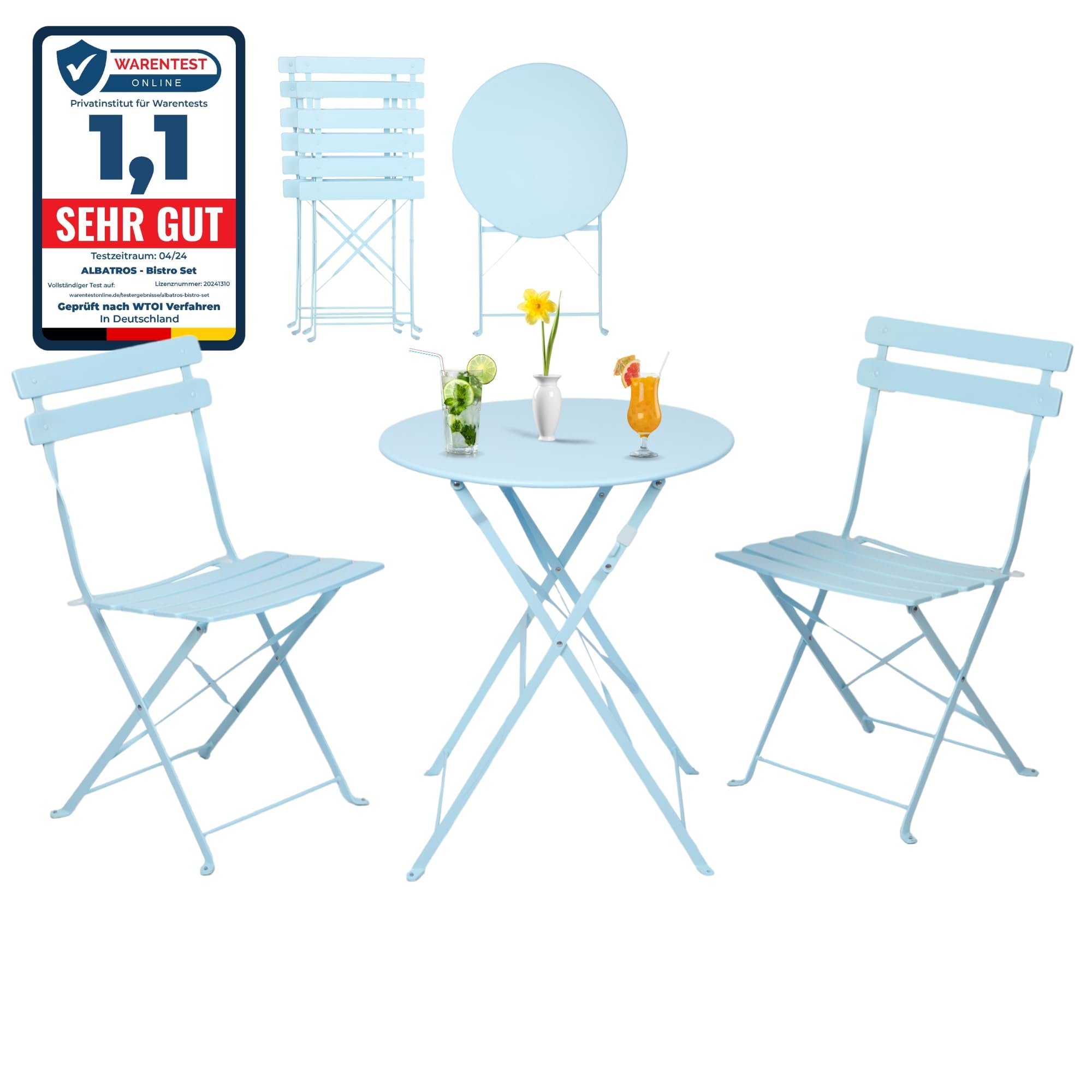 Albatros Bistro Set 3 piezas Azul – Mesa con 2 sillas plegables – Metal resistente – Diseño moderno para balcón o jardín