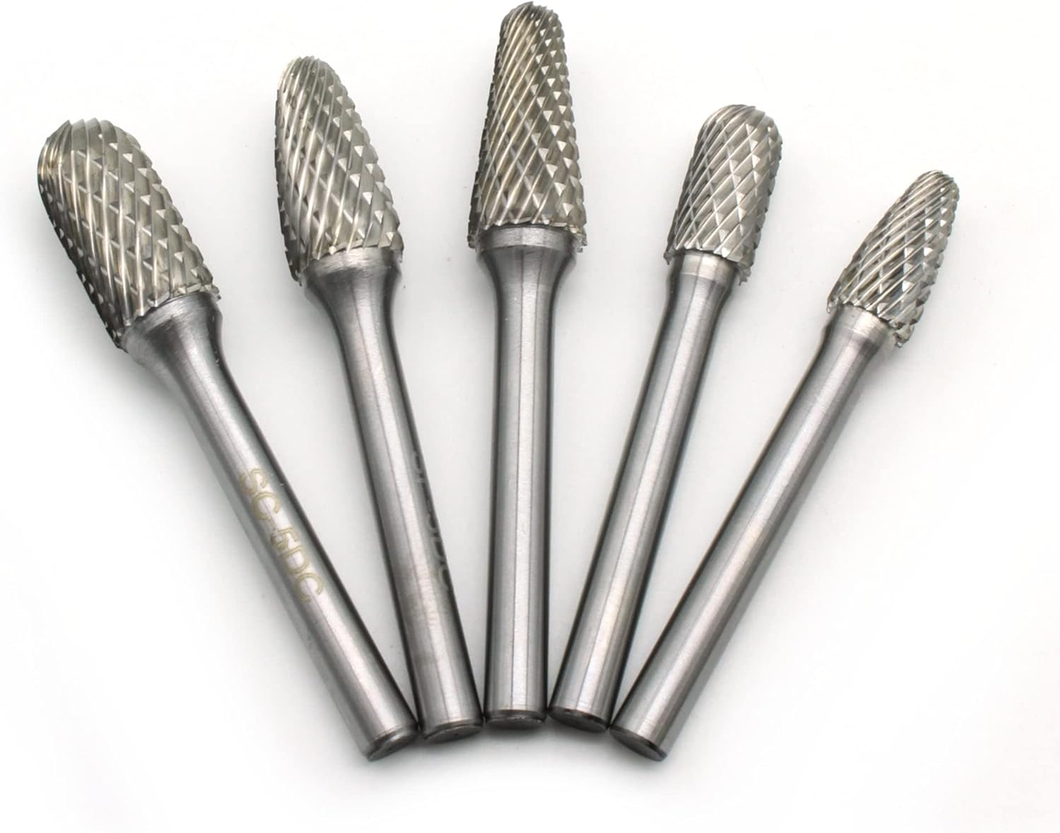 TEMO 5 pc Set Double Cut Carbide Rotary Burr File Tool, 1/2 Inch and 3/8 Inch Heads, 1/4 Inch Diameter 2 Inch Long Shank