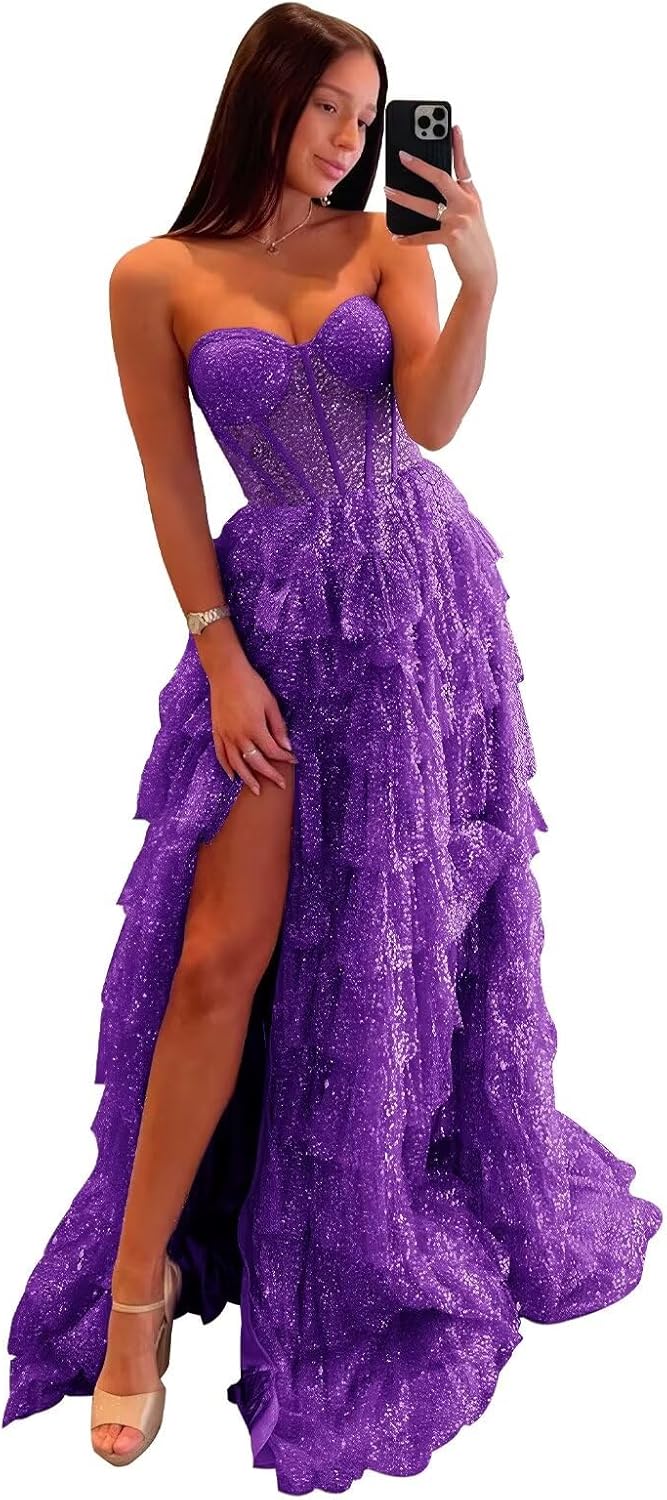 Sparkly Tiered Tulle Prom Dresses Long 2025 Strapless Formal Corset Evening Party Gown with Slit
