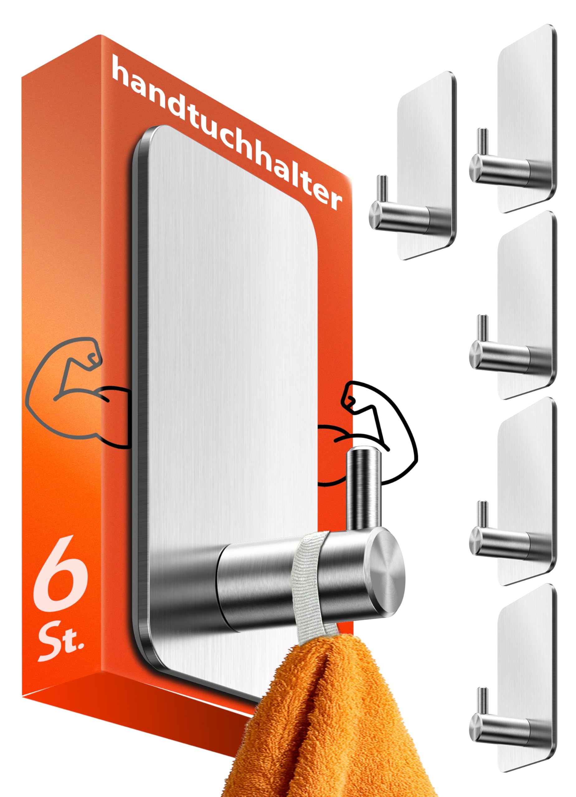 Menz Handtuchhalter ohne bohren, 6 Stück –Edelstahl Klebehaken extra stark, wasserfeste Wandhaken Selbstklebend, stilvolle haken selbstklebend, Handtuchhaken für Bad, Toilette, Küche