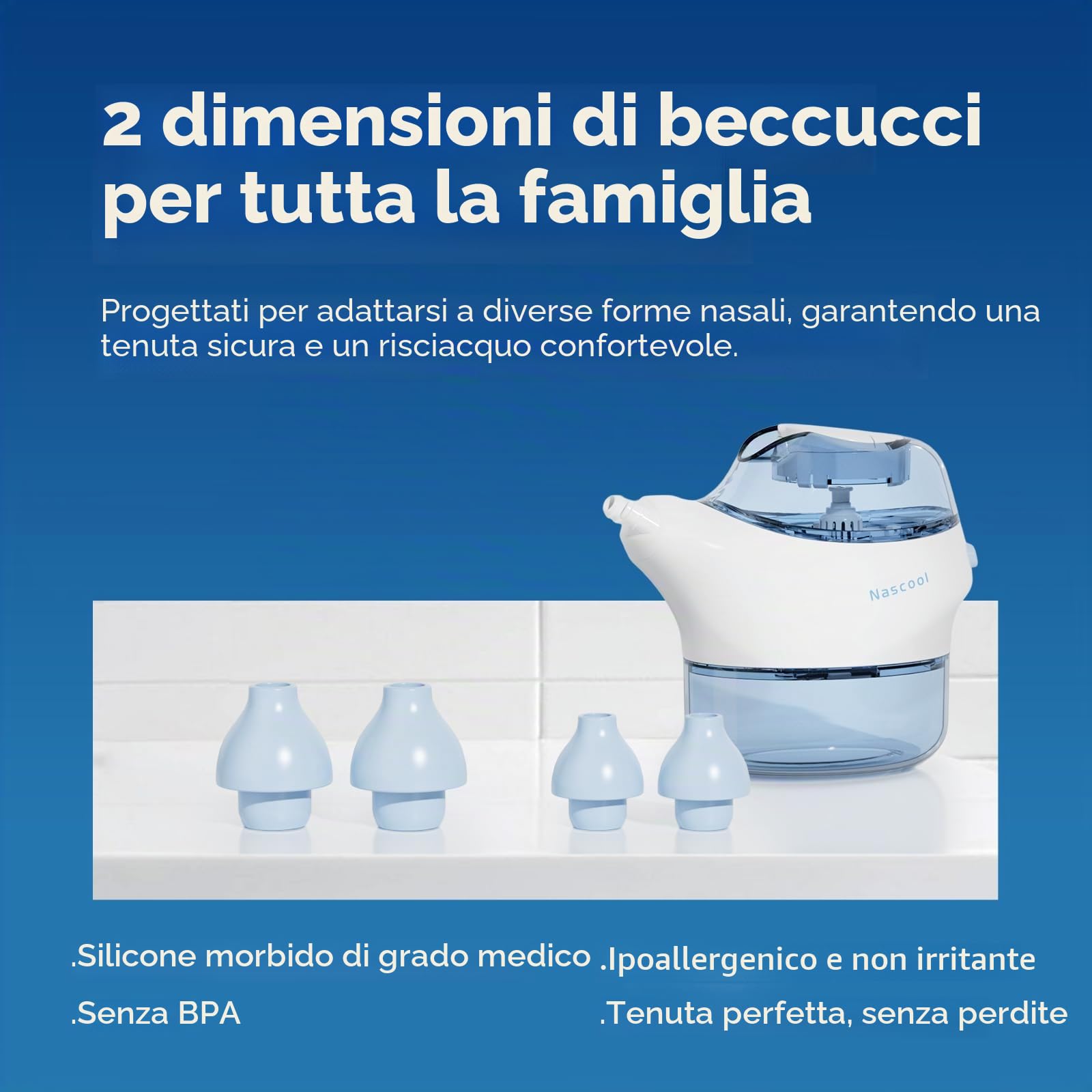 Sistema di irrigazione nasale Nascool, doccia nasale per adulti, macchina elettrica per l'irrigazione del seno Neti Pot per la cura del naso con 50 sali nasali, blu