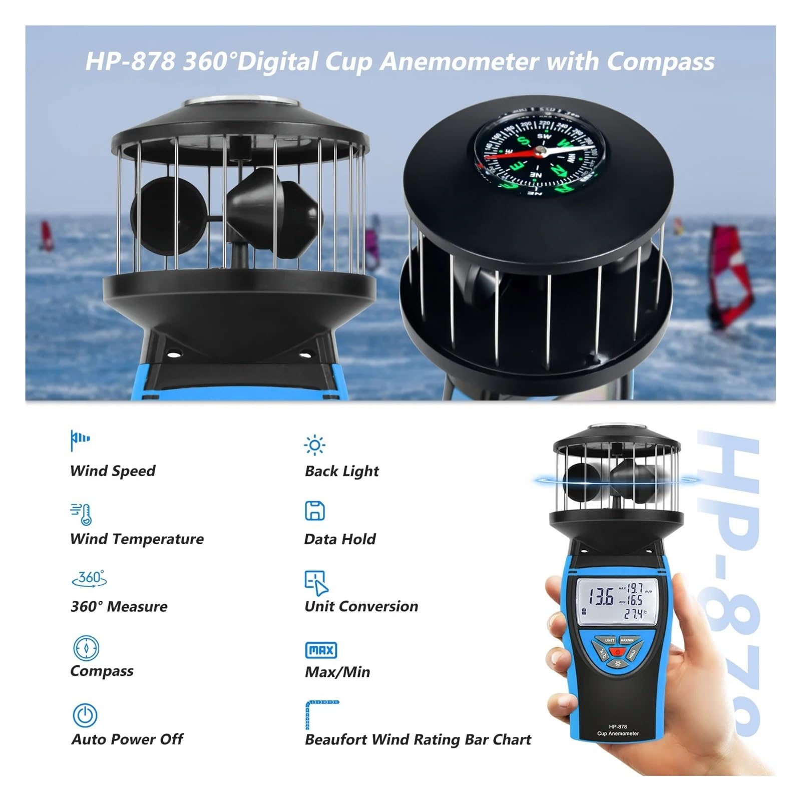 Anemometry, Anemometr kubkowy ręczny, pomiar wielokierunkowy 360°, narzędzia do pomiaru prędkości wiatru, do windsurfingu