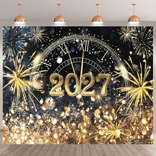 Toile de fond en vinyle pour XMJJKUF 2025 - 3 x 2,4 m - Motif « Happy New Year » - Paillettes dorées - Motif feux d'artifice - Horloge Bokeh - Décoration de fête - Accessoires de photomaton