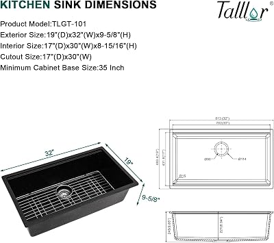 32x19 Inch Granite Composite Kitchen Sink - Matte Black Undermount Workstation Classic Quartz Under Counter Single Bowl All-In One Sinks for Kitchen #TLGU-132