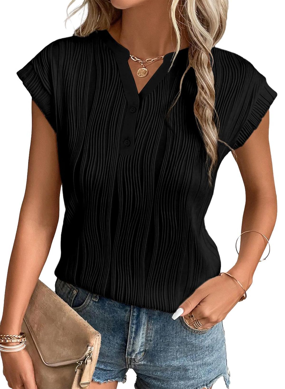 EVALESS Summer Short Sleeve Textured Tops for Women Trendy V Neck Cap Sleeve Solid Loose Dressy Casual Basic T Shirts Blouses