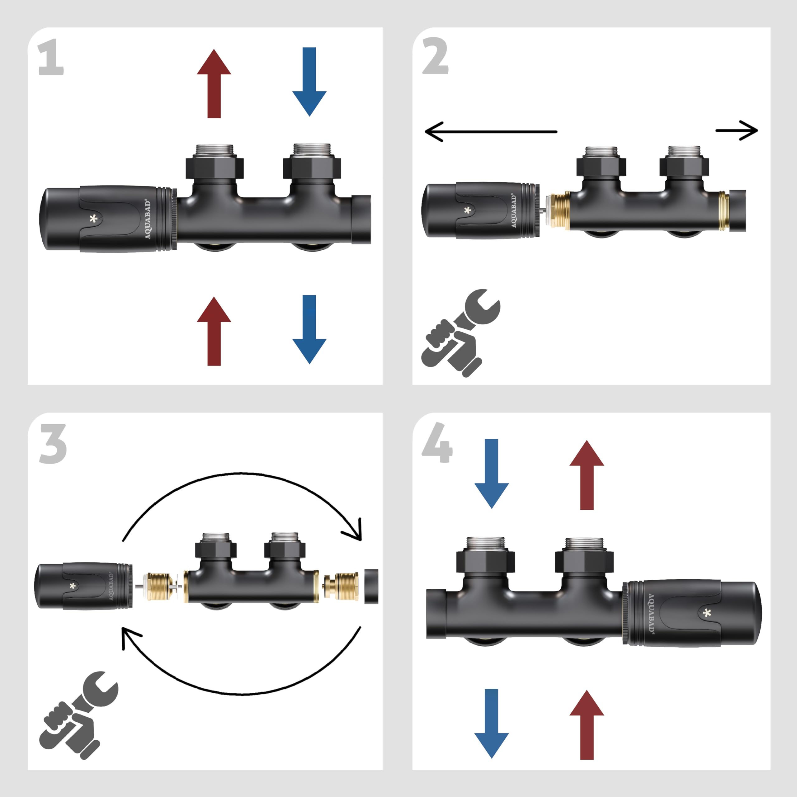 Aquabad® Kit de válvula acodada con Termostato para radiadores con conexión Central de 50mm, Negro Mate, Incluye adaptadores para Tubo de Cobre de 15mm y Tubo Multicapa de 16mm PEX