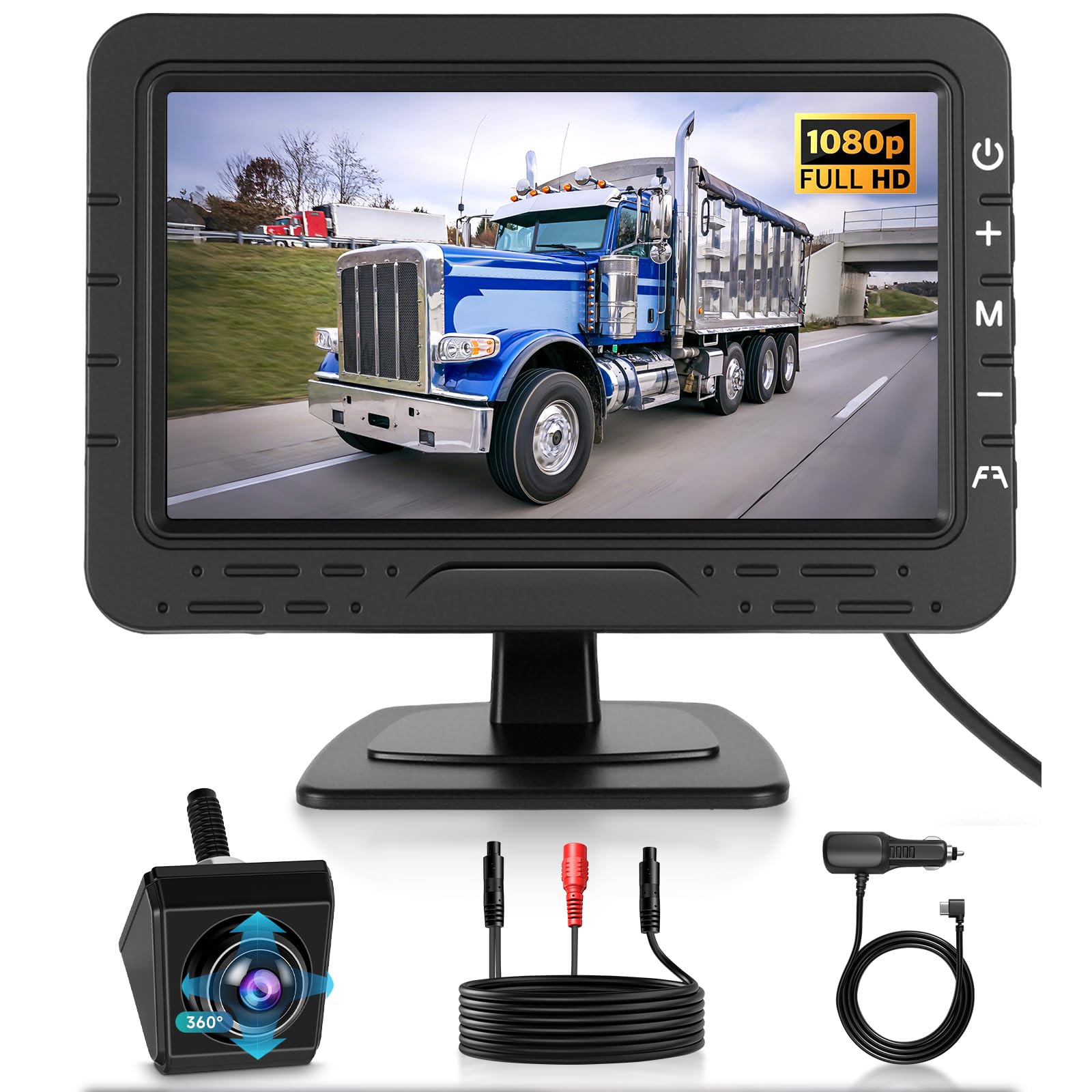 Hodozzy Kit de Monitor con Cámara Marcha Atrás Cable con Cámara de 360°, 1080P Pantalla 4,3 Pulgadas Camara de Vision Trasera, Visión Nocturna IP68 Impermeable Cámara Atras Coche con Líneas Guía DIY