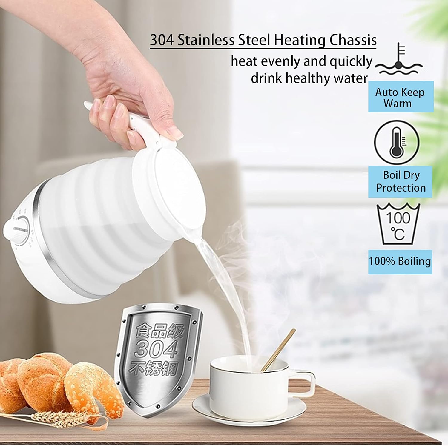 RAREONES 0.6L Foldable Travel Kettle | Portable Electric Tea Kettle with Cup | Temperature Control & Auto Keep Warm,Collapsible & Folding Small Kettle for Boiling Water
