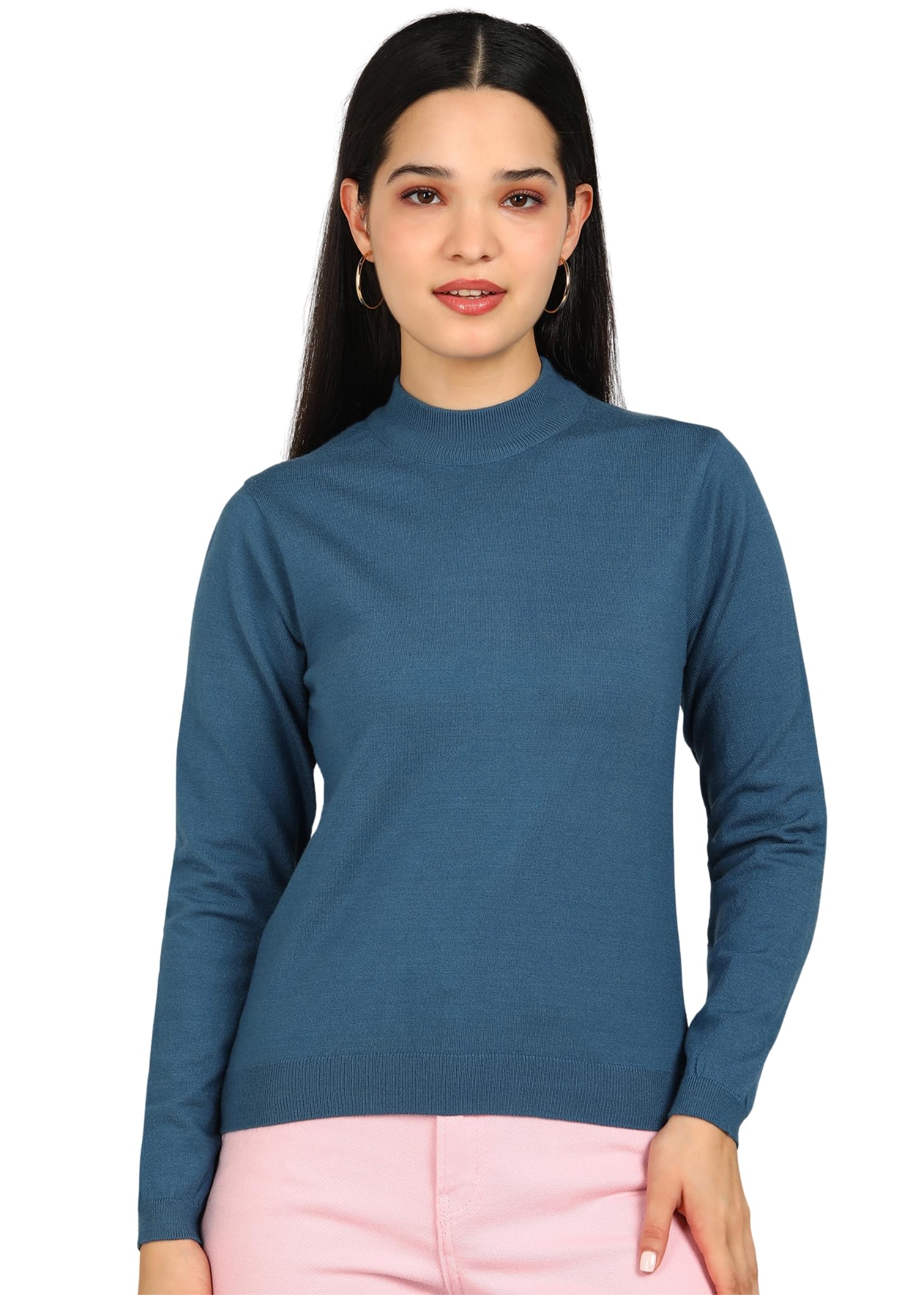 Women's Black Mock Neck, Long Sleeve, Slim Fit, Solid Knit Pullover Top-image-18