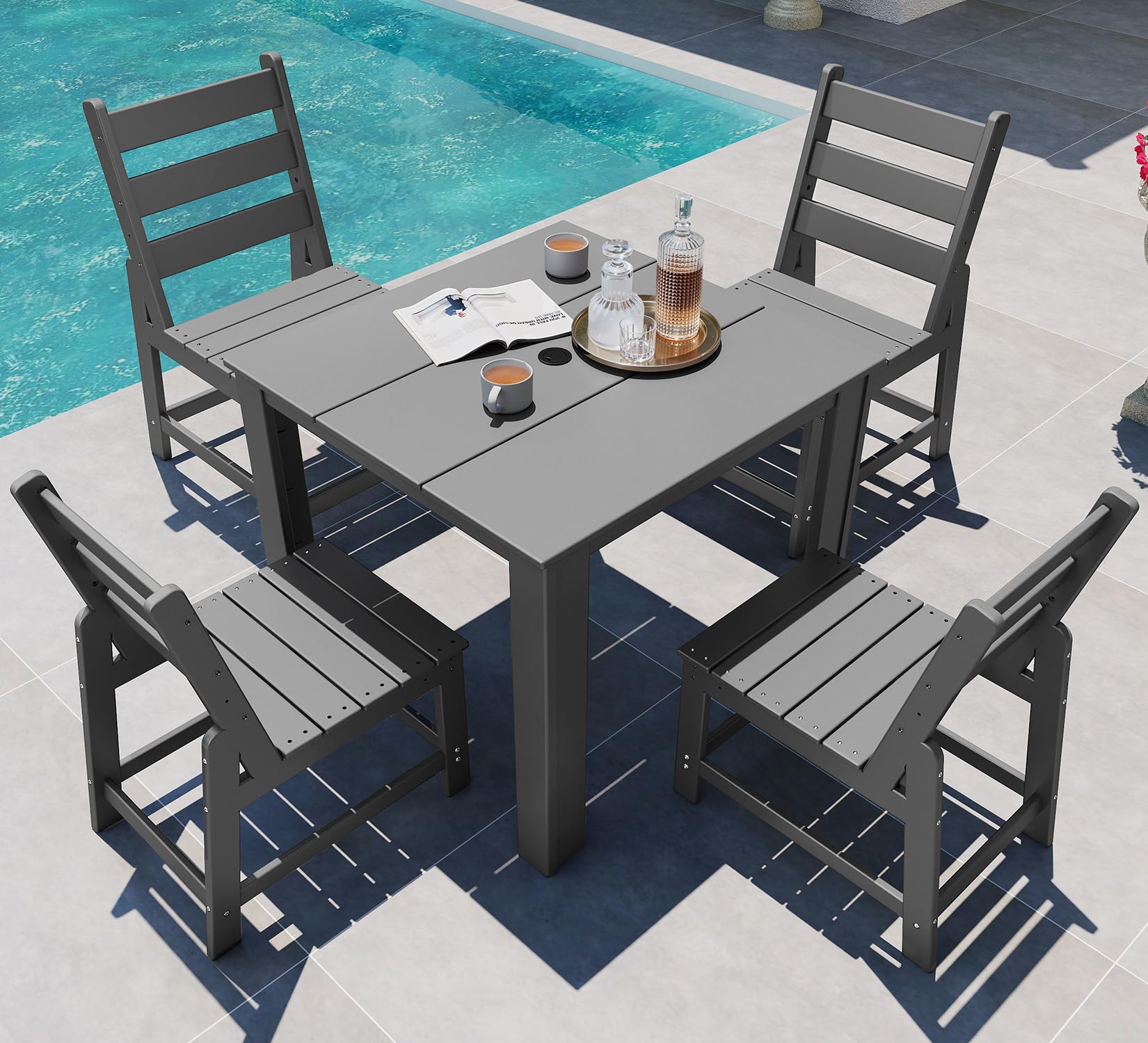 GREENVINES 5PCS Patio Dining Set, HDPE Square Table &amp; 4 Side Chairs, Gray