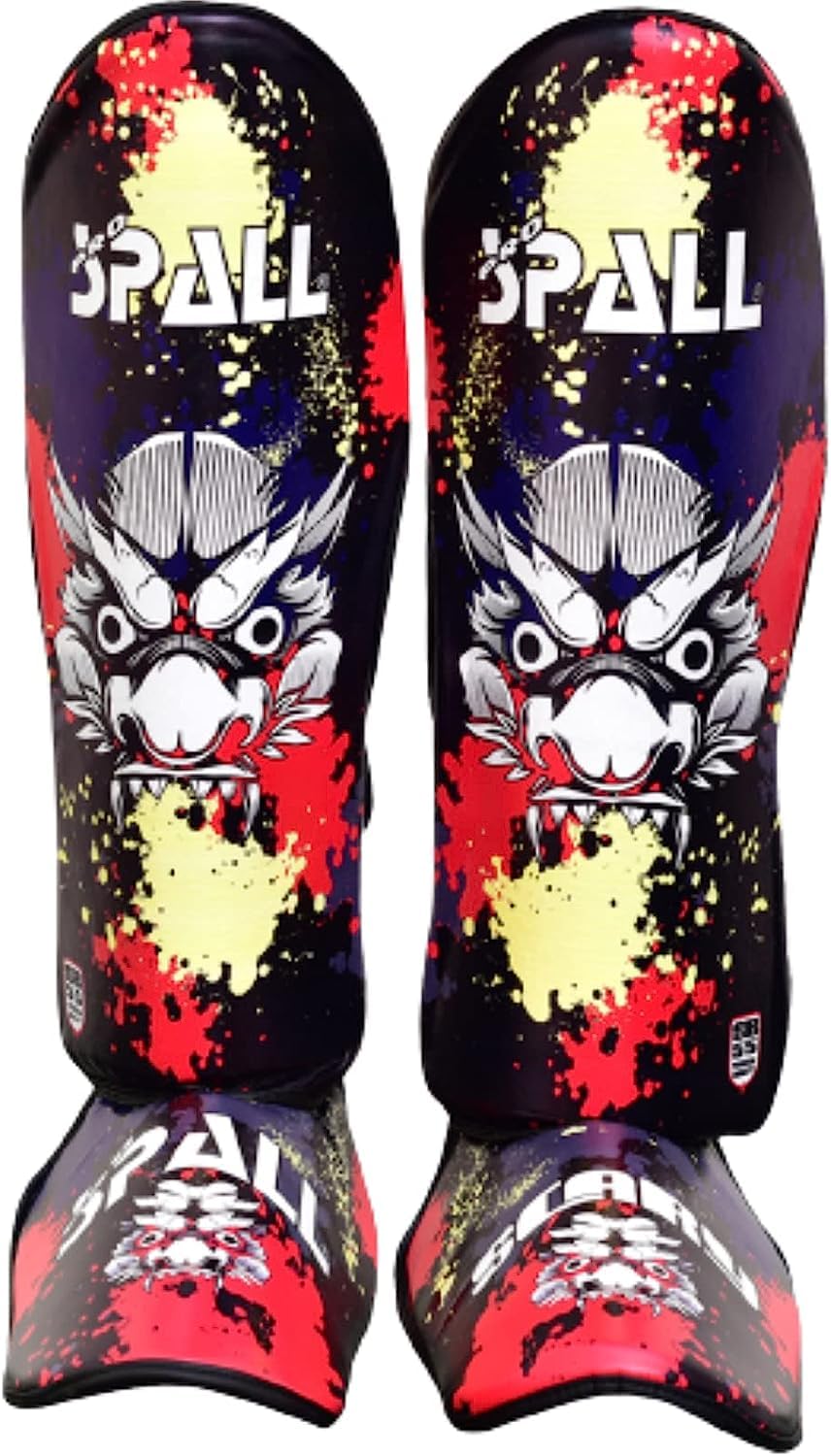 Spall Pro US Muay Thai Shin Guards for Kickboxing Martial Arts BJJ Boxing Equipment MMA Training and Sparring Leg Guard with Instep Protection Pads Scary Blue (Xrta Small)