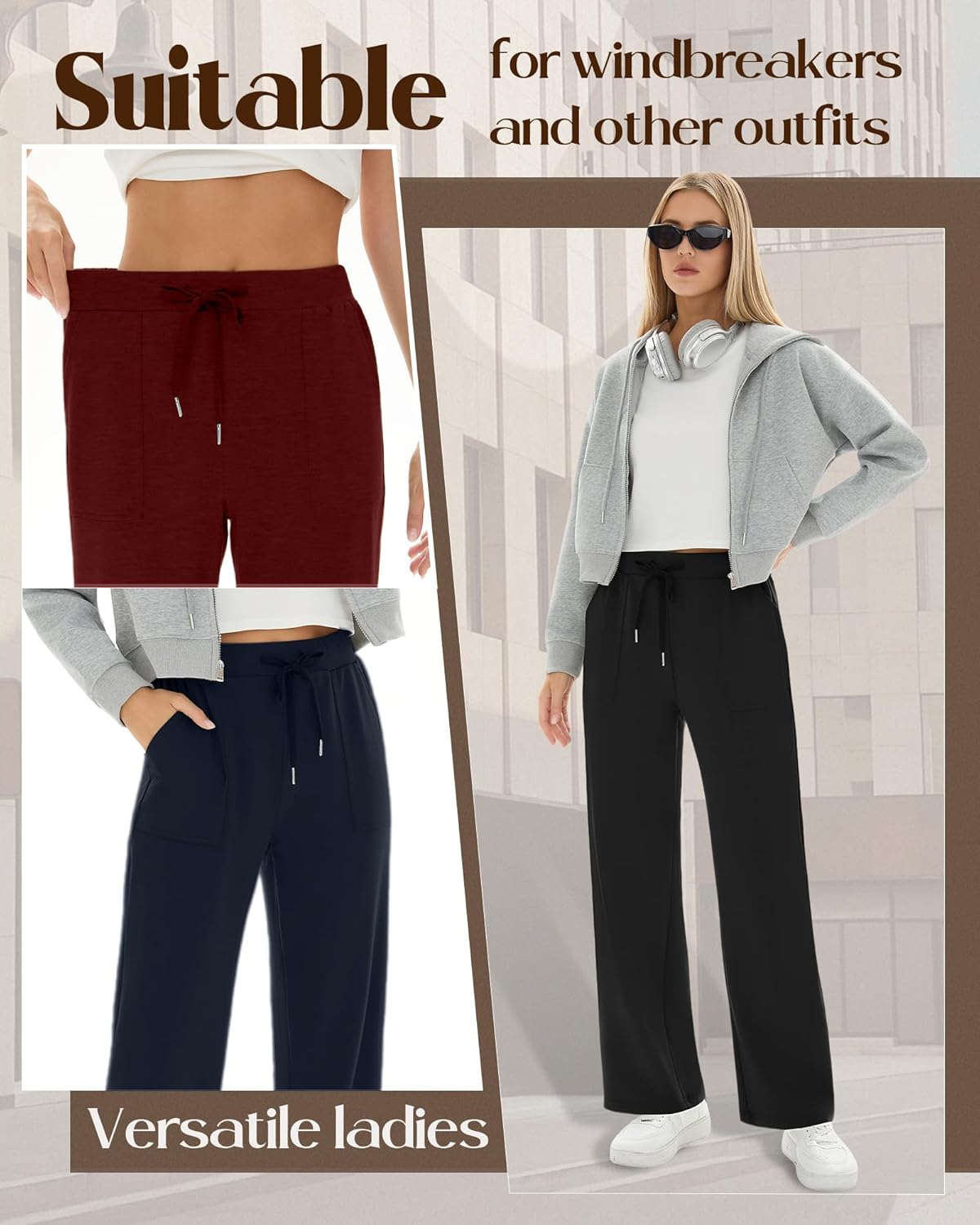 3 Pack Women's Wide Leg Sweatpants Baggy Workout High Waist Drawstring Jogger Casual Yoga Pants with Pocket - Image 4