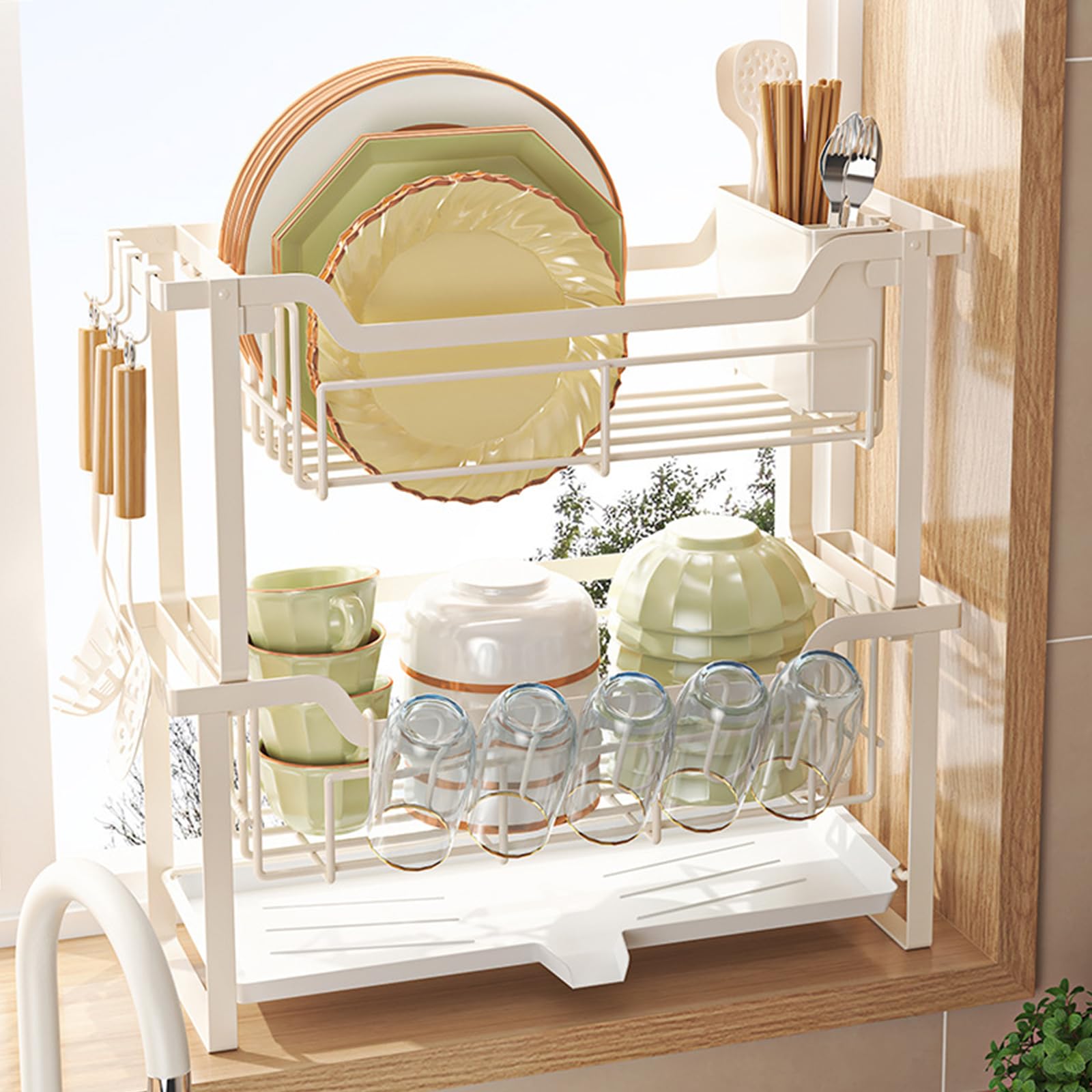 Escurreplatos 2 Niveles Vertical Fregadero Cocina Ahorro Espacio Blanco | Estrecho Escurre Platos Pequeño Vertical sobre Fregadero para Cocina, Ahorra Espacio para Fregadero y Encimera