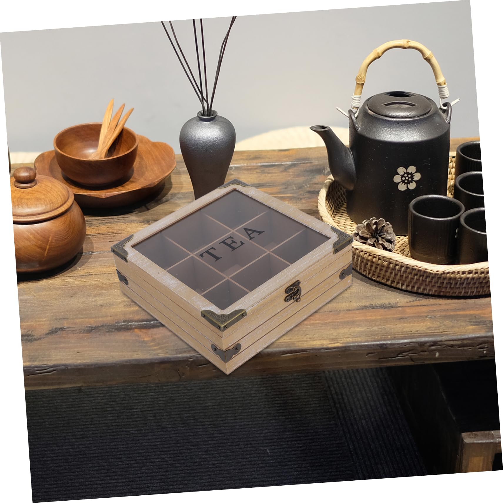 MAGICLULU Teebeutel-aufbewahrungsbox Aus Holz Mit Mehreren Fächern Und Glasdeckel Teetrinkbehälter Für Teebeutel Tee-Organizer Für Küche Oder Schrank