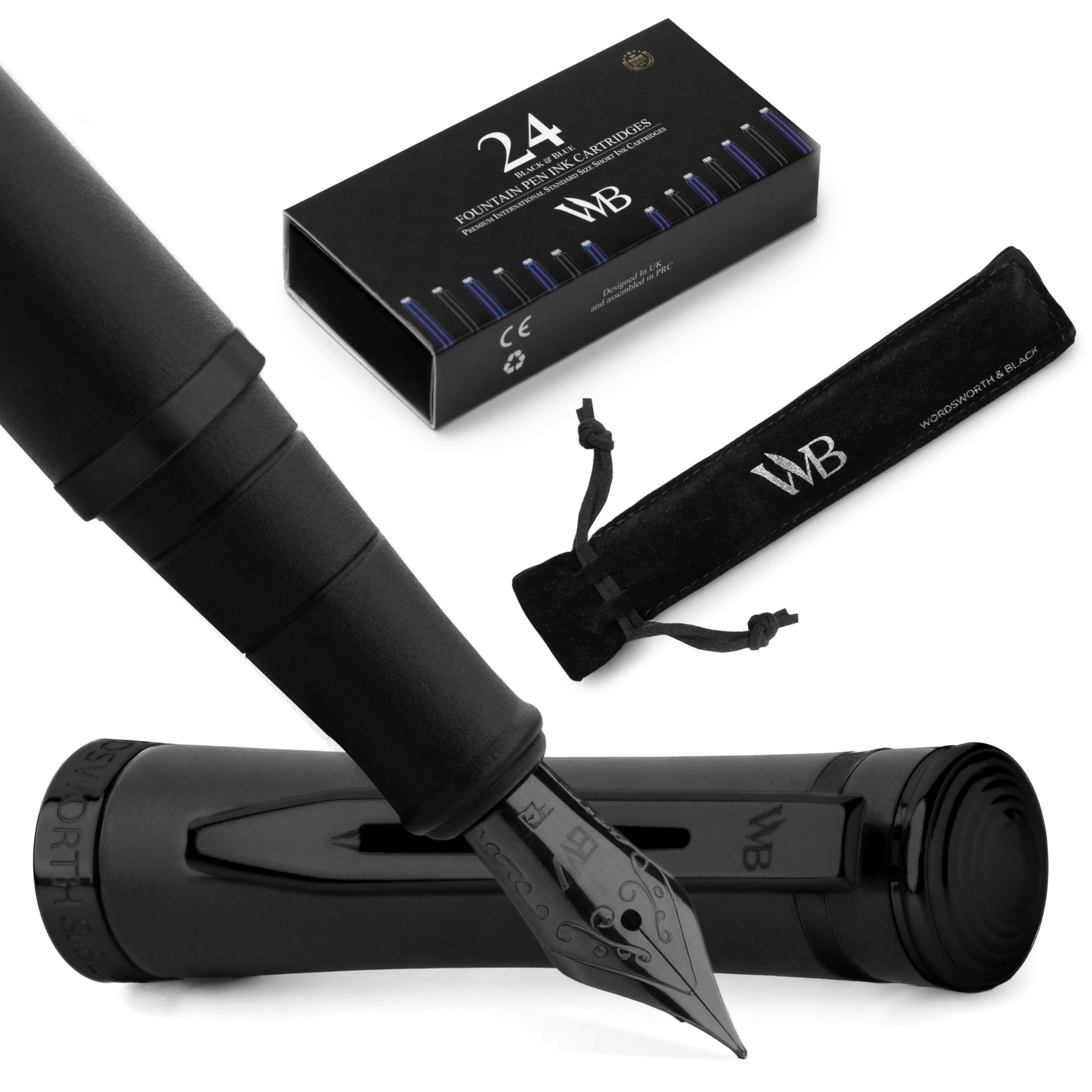 Wordsworth & Black Fountain Pen Set, 18K Gilded Extra Fine Nib, Includes 24 Pack Ink Cartridges, A Refill Converter & Gift Pouch, Calligraphy, [All Black], Perfect for Men & Women