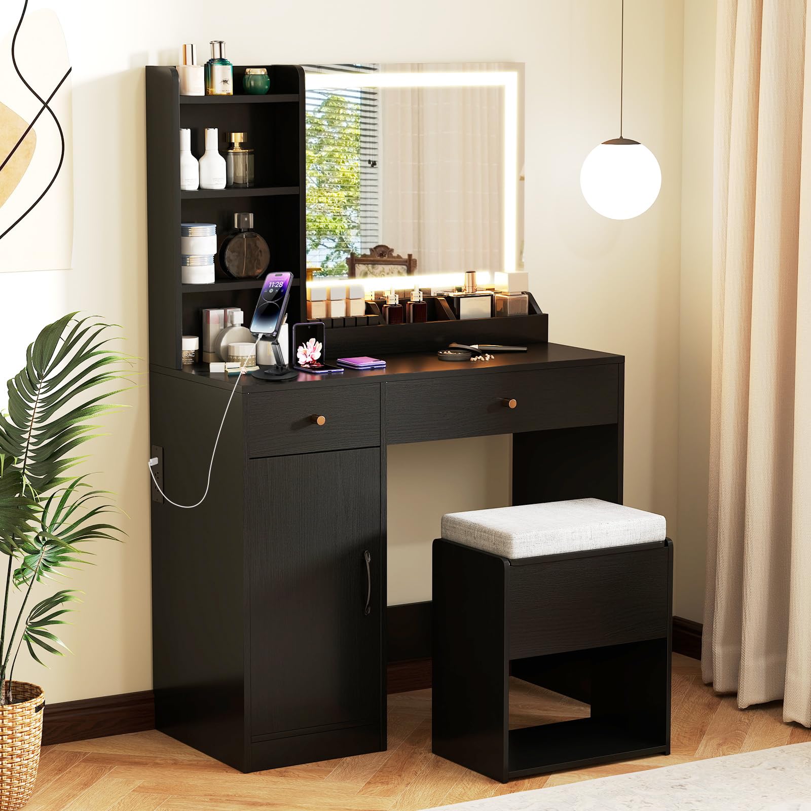 CHARMAID Vanity Desk with Mirror and Lights, Makeup Vanity Desk with Drawers, Shelves, Side Cabinet, Charging Station, 3-Color Lights, Modern Bedroom Vanity Dressing Table with Storage Chair (Black)