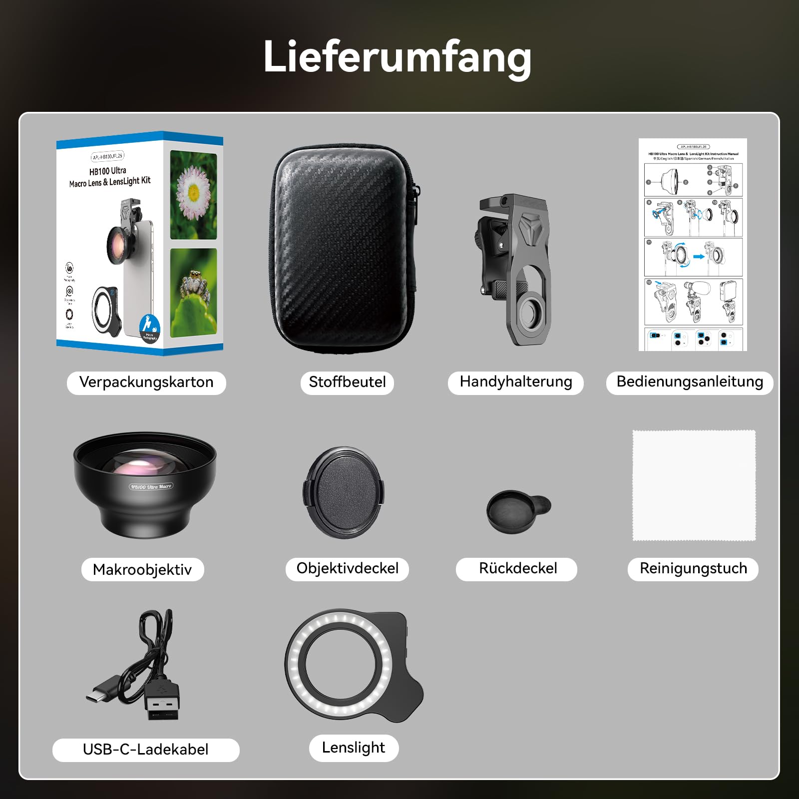 HB100 Ultra Makro Objektiv mit 45 Aufhellungsmodi, Blende F1.05 – HD-Makroobjektiv mit Universal-Clip – Handy Objektiv für iPhone, Samsung und Pixel, Android-Smartphones