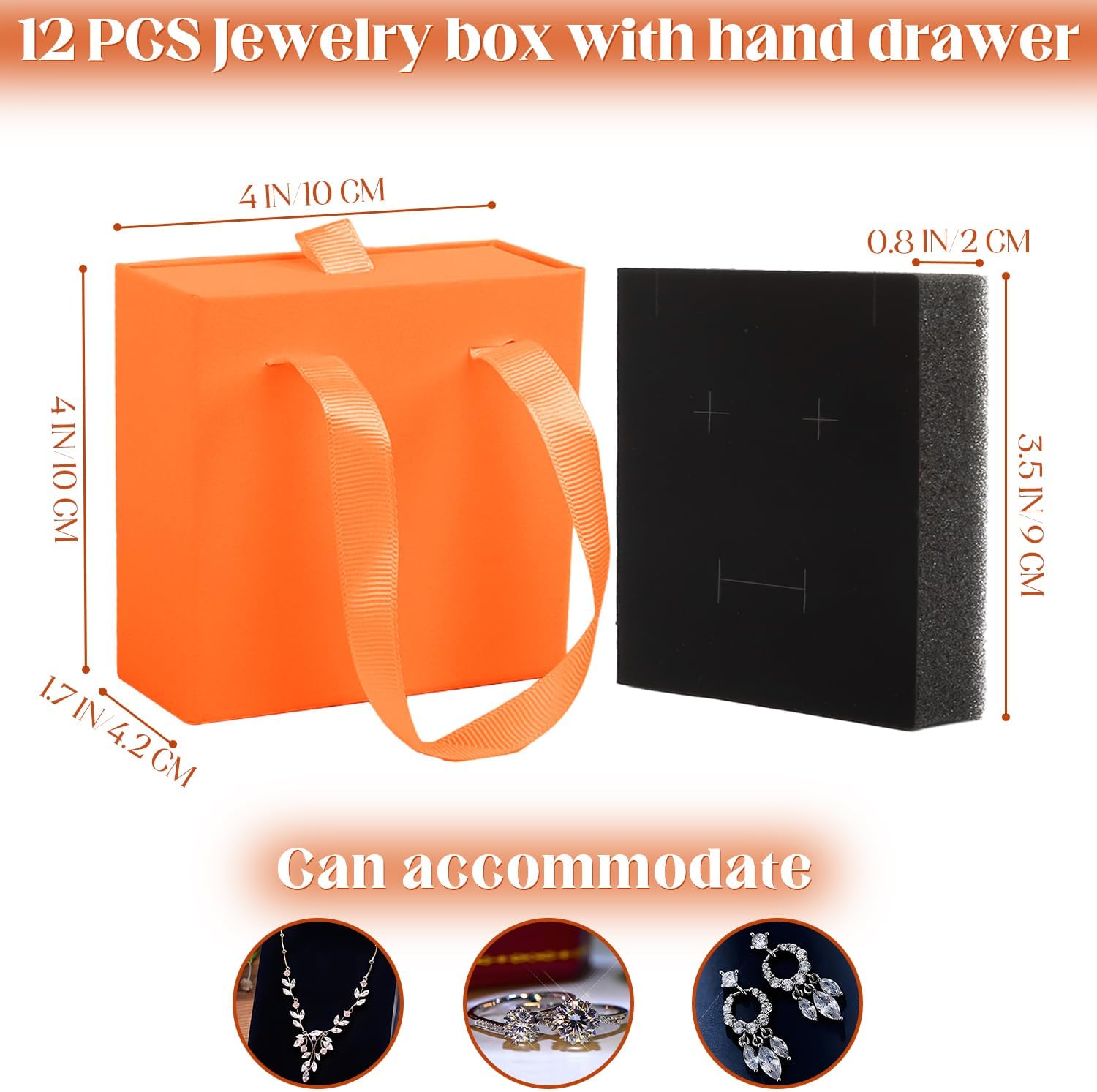 Luxury Jewelry Gift Box,12 Pack Velvet-Lined Jewelry Organizer Compact Drawer Jewelry Box for Earrings & Rings,2 in 1 Jewelry Gift Box Drawer Style with Handle Rope,3.9"D x 3.9"W x 1.65"H (Orange)