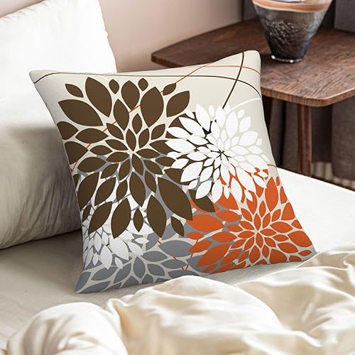 Miniatura 7 de Juego de 2 fundas de almohada florales de dalia marrón y naranja gris de 18 x 18 pulgadas, para exteriores, modernas, café, blanco, gris, flores,