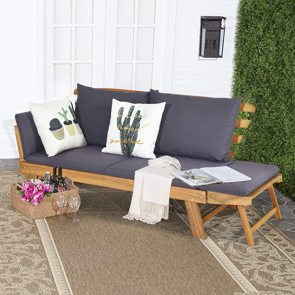 COSTWAY Gartenbank mit Liegefunktion, Gartensofa mit Auflagen und klappbaren Armlehne, Balkonbank aus Akazienholz, Balkonsofa, Gartencouch für Garten, Terrasse, Balkon, 198 x 75 x 75 cm (Grau)