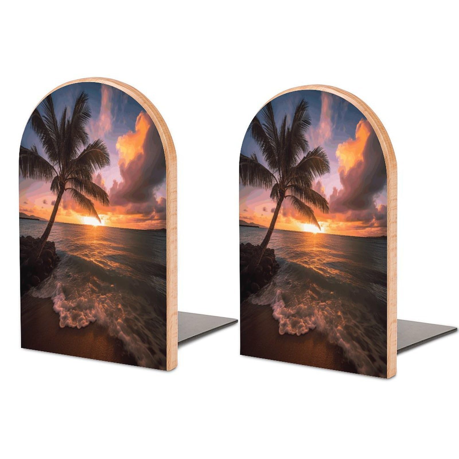 Palm Tree Sunset Beach Bookend Wood Book End for Shelves Heavy Duty Non-Slip Wooden Bookend Support Universal Economy Bookends Fancy Modern Decorative Book Accessories 1 Pairs