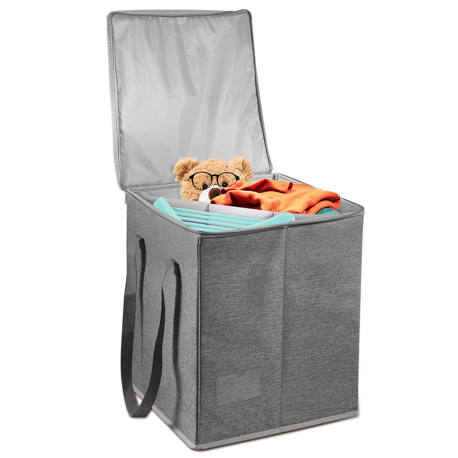 Sutowe Square Clothes Hanger Organizer Bag With Lid, 38.5X38.5x44.7cm Holds 100 Velvet Hangers Compartmental Storage Container Versatile Foldable Storage Bag For Closet Wardrobe Laundry
