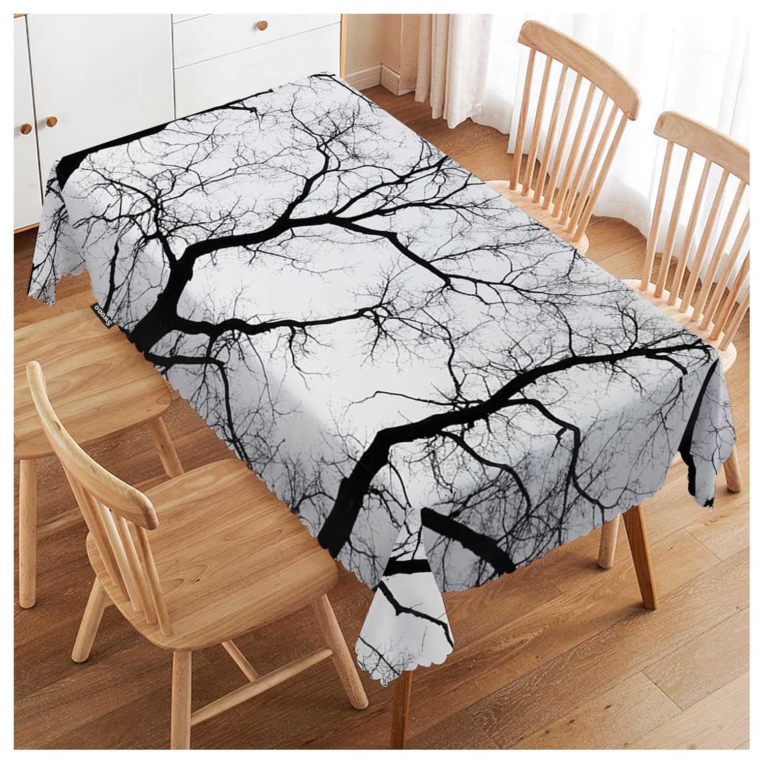 FJQWKLF Dead Tree Tablecloth Black White Tree Branch Rectangle Table Cloth Washable Plaid Table Cover for Kitchen Holiday Dinner Camping BBQ, 52x 70 Inch Tablecloth