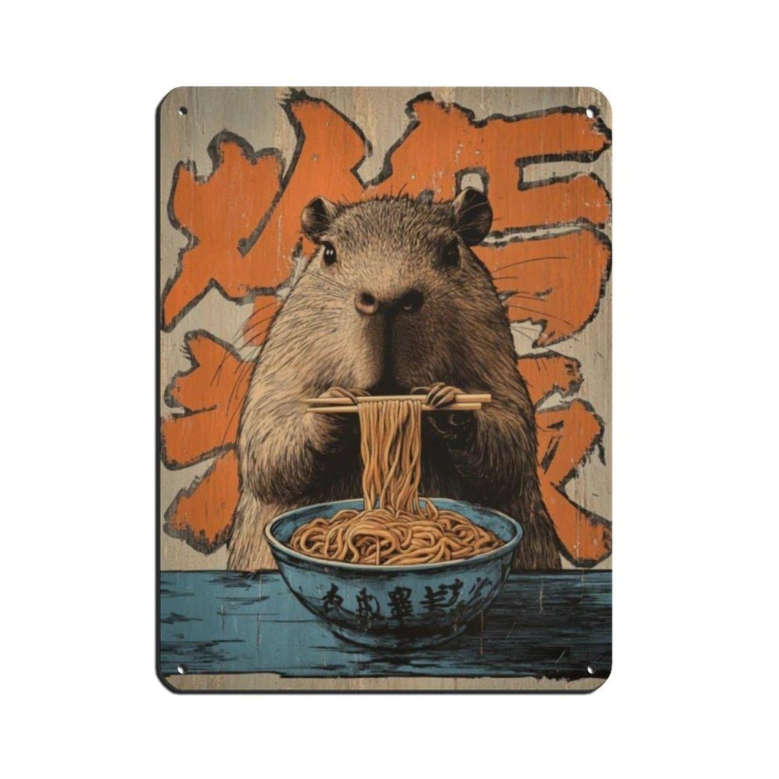Lxwnze 30L X 40W Cm Cute Capybara Ramen Poster, Retro Poster Metal Tin Sign Chic Art Retro Iron Painting Bar People Cave Cafe Family Garage Poster Wall Decoration 12X16inch(30X40cm)