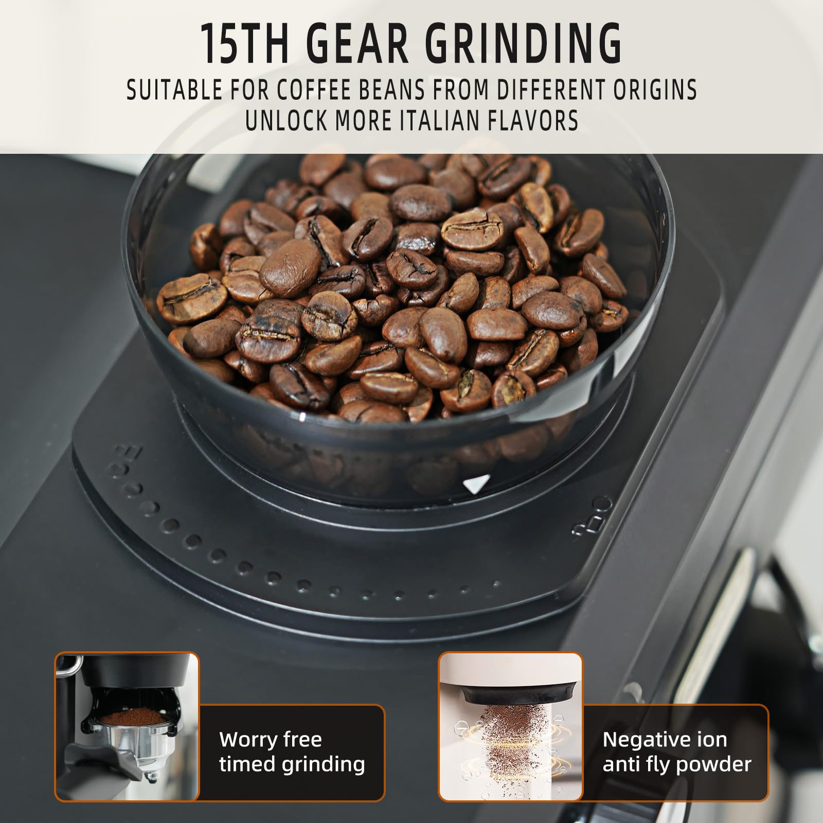 Mcilpoog AC510 Macchina da Espresso Semi Automatica 15Bar con Macinacaffè e Canna del Vapore, Macchina da Caffè Espresso 3-in-1 Compatta con Serbatoio Acqua Rimovibile da 800 ml per Cappuccino o Latte