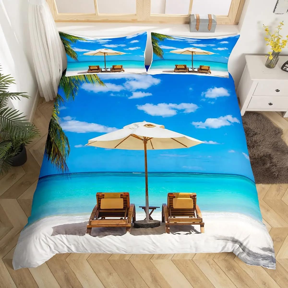 QBIDCSX Bedding Double Bed Set Beach Bedding Double Bed Set - Microfibre Quilt Cover 230x220 cm - Comforter Cover with 2 Pillowcases(Double)