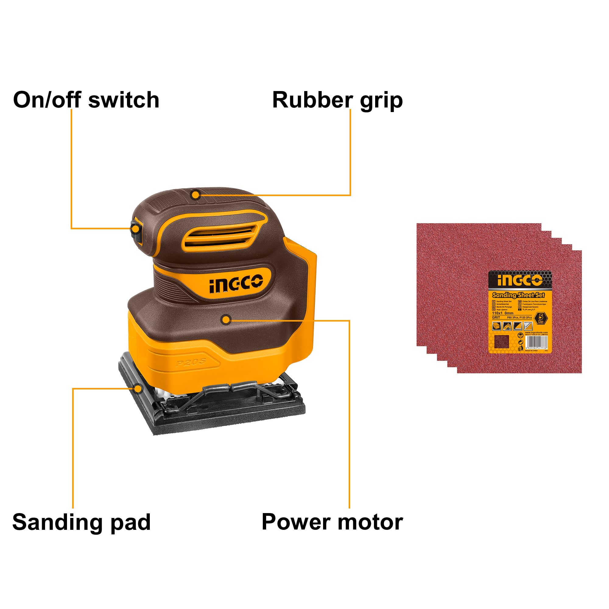 INGCO Cordless 1/4 Sheet Sander (Body Only) 20V Quarter Sheet Palm Sander 12000RPM Electric Orbital Sander CSHSLI2014 - Image 4