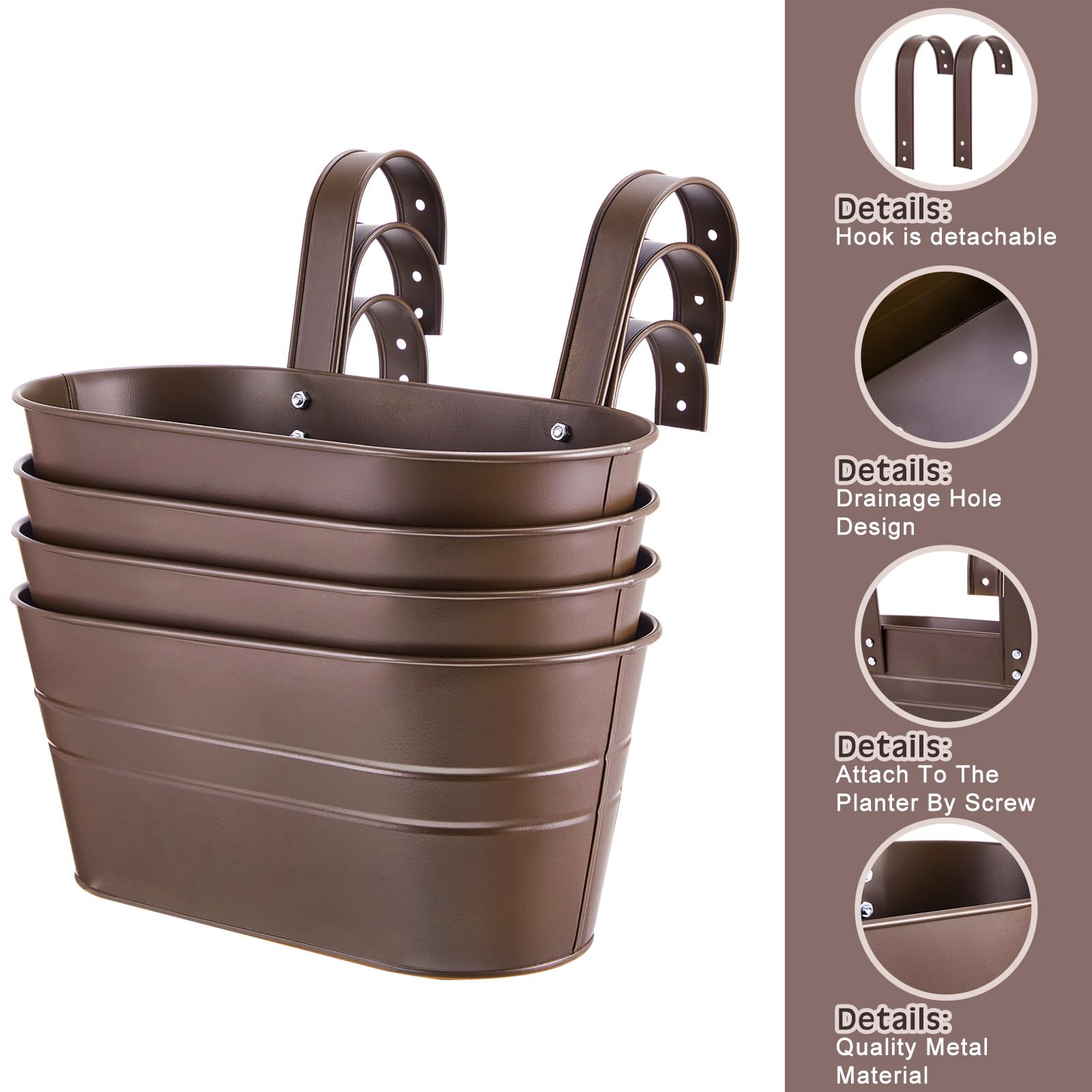 RIOGOO Metal Iron Flower Pots, Hanging Flower Pots, Garden Pots, Balcony Planters, Metal Buckets, Flower Holder, Wall Hanging Decoration Pot, Removable Hook (4pcs) (Large