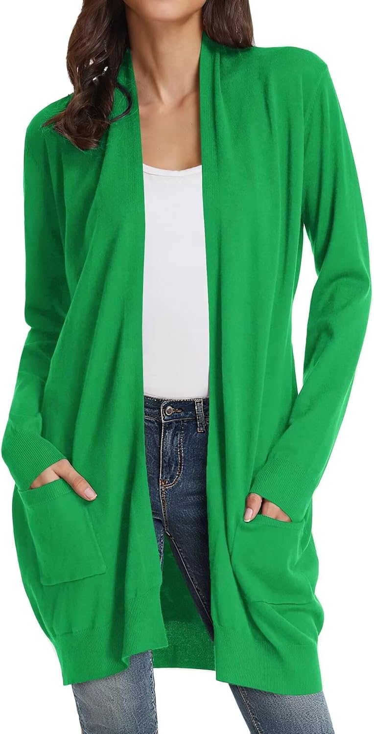 GRACE KARIN Women's Long Cardigan Sweater Open Front Classic Knitted Lightweight Sweater Coat with Pockets