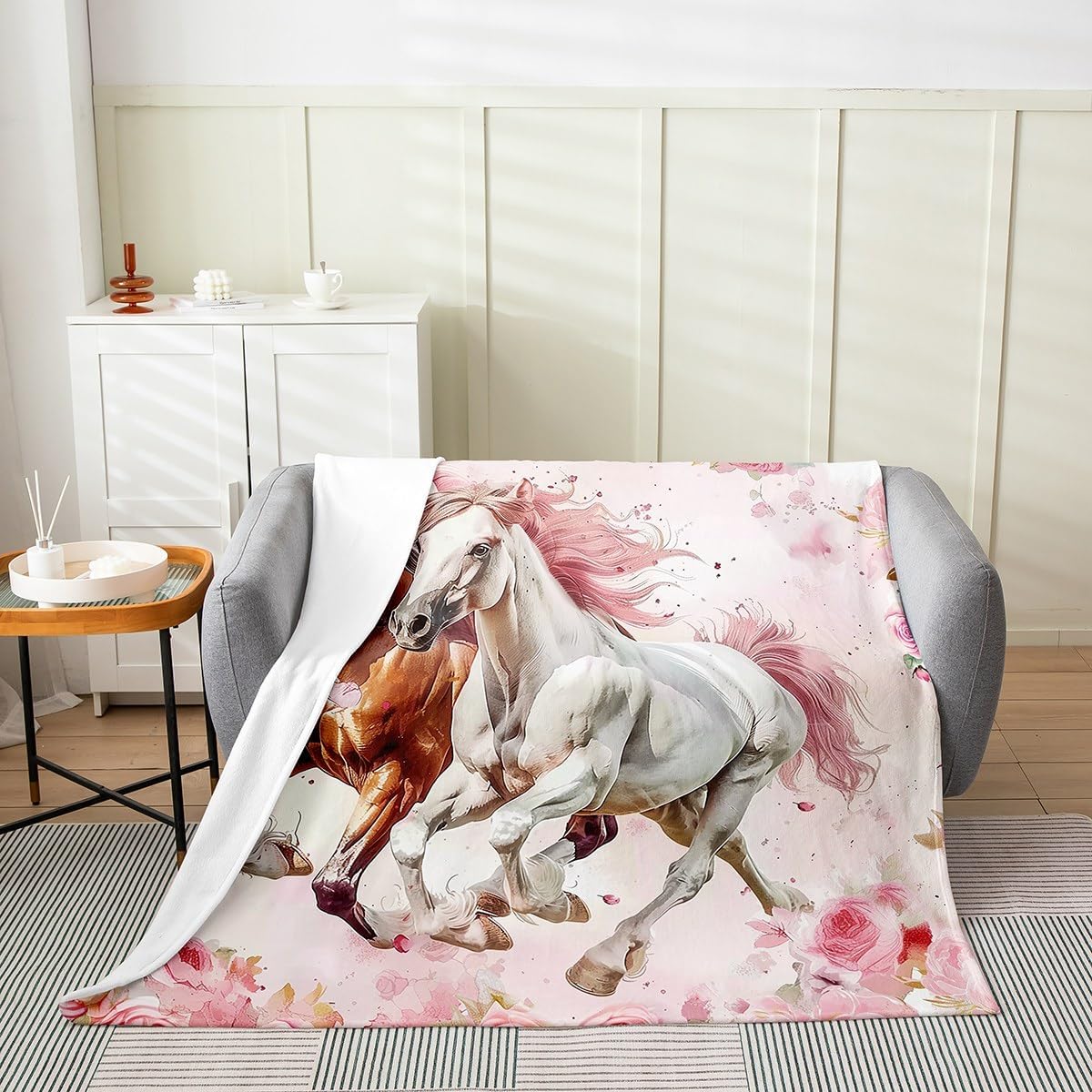 Galloping Horse Flannel Blanket Queen 90"x90",Western Horse White and Brown Bed Sofa Blankets for Kids Boys,Watercolor Blooming Flowers Fuzzy Blanket,Cute Cowgirl Cowboy Breathable Blanket