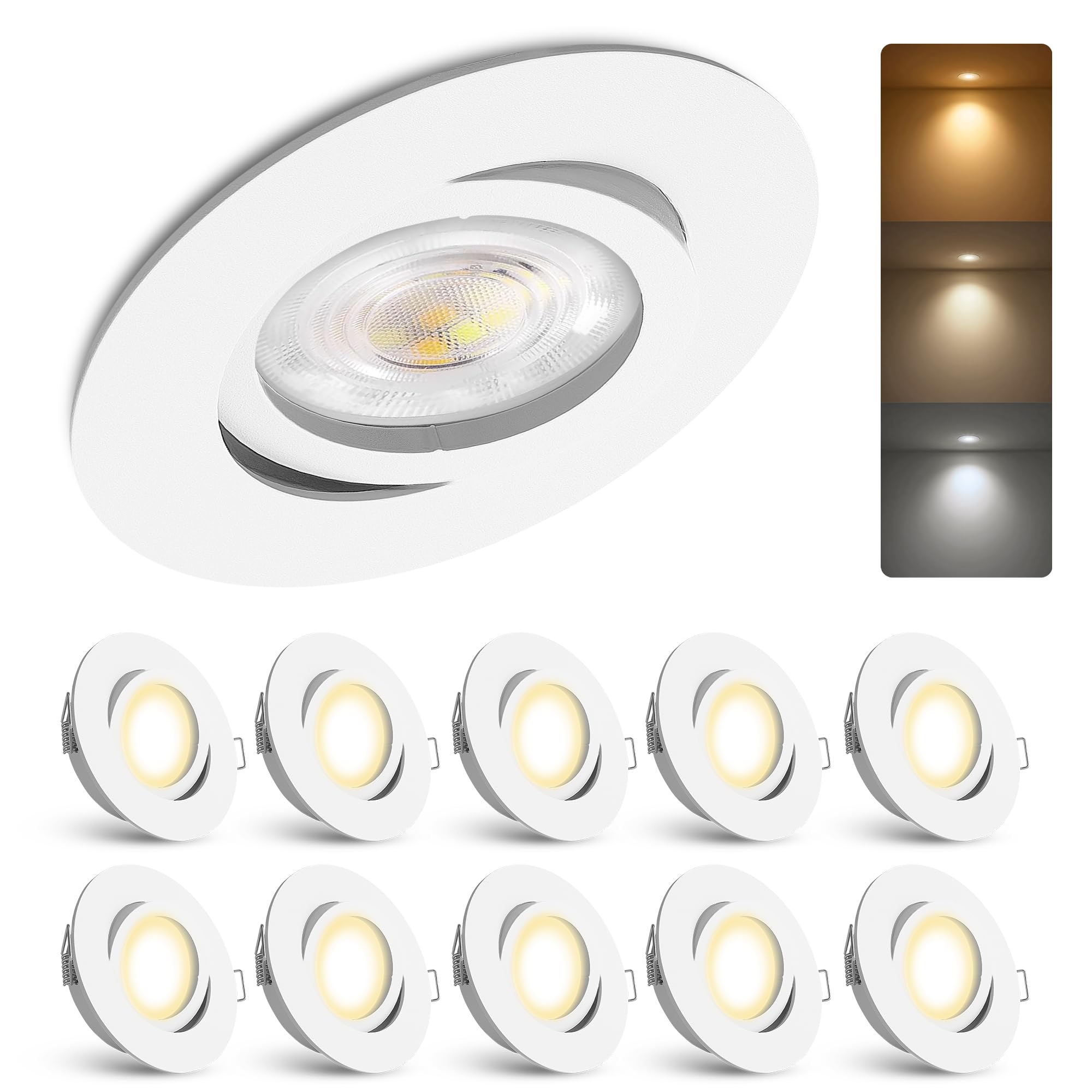 linovum 10x LED Einbaustrahler 230V weiß schwenkbar rund flach - inkl. Lampe mit 3 Lichtfarben 4W - Deckenstrahler für Wohnräume & Küche