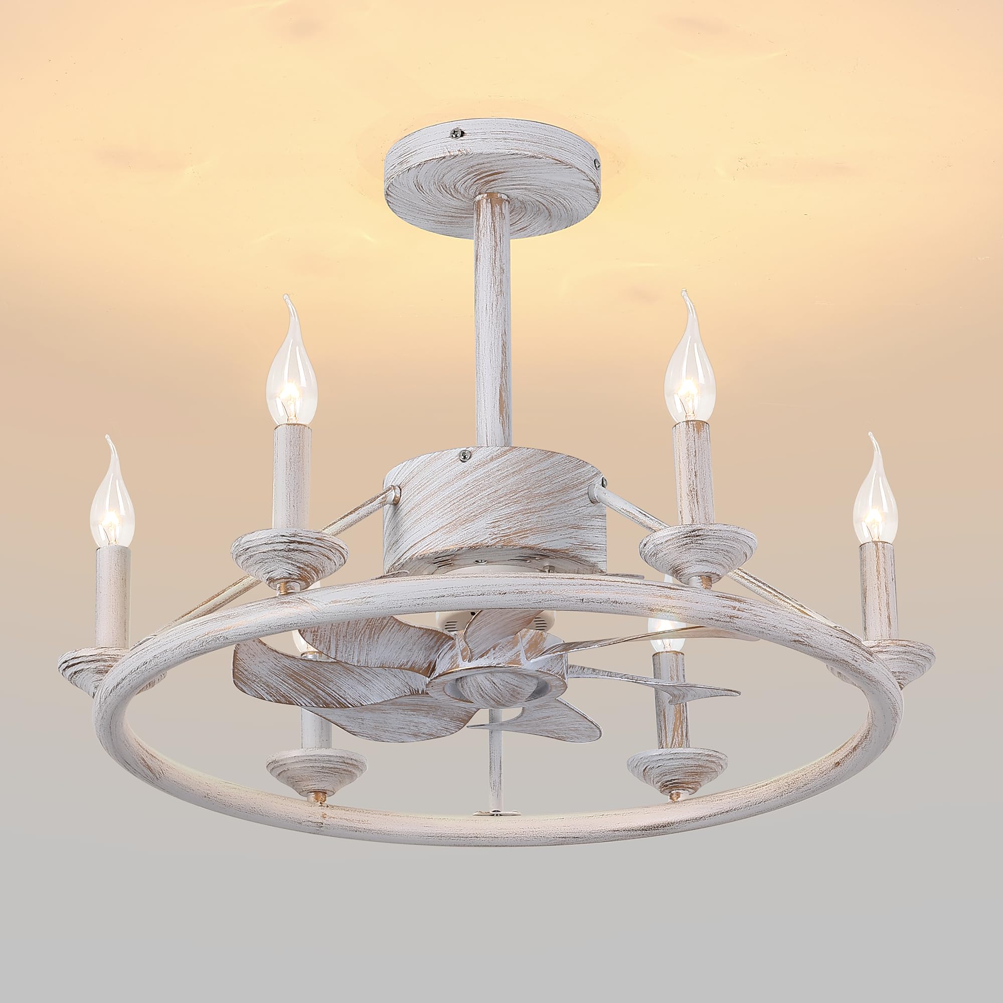Chandeliers Fan With Light, 23" Retro White Fandelier Ceiling Fan, 7 Blades, 3 Speed, Timing, Adjustable Farmhouse Industrial Candle Chandelier Fan for Dining Room Bedroom Living Room
